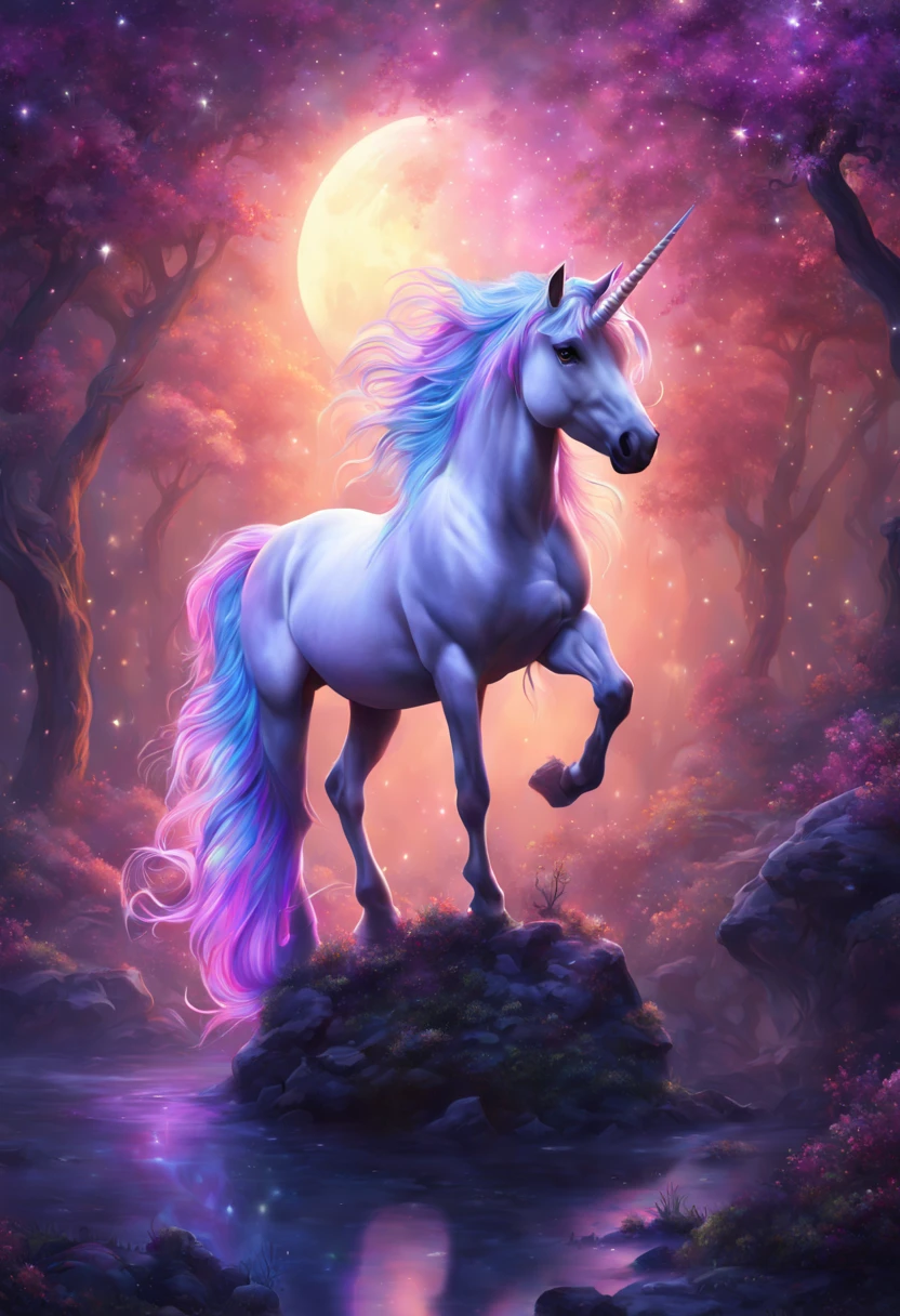 (best quality,4k,8k,highres,masterpiece:1.2),ultra-detailed,(realistic,photorealistic,photo-realistic:1.37),high gothic,danmumford,markbrooks,bright starry night,comic book art,smooth,perfect,(fantasy unicorn:1.5),highly detailed,unicorn,horn,magical creatures,ethereal,glowing,eyes shining,bright colors,elegant,flowing mane,sparkling stars,dark gothic architecture,mysterious atmosphere,surreal,moonlit sky,dramatic shadows,detailed feathers,beautiful curves,enchanted forest,breathtaking,galaxy background,splendid,mythical,mythical animals,whimsical,imposing presence,glorious,bold lines,dynamic pose,majestic,artistic lighting,spectacular,imaginative,impressive scenery,luminous,iridescent