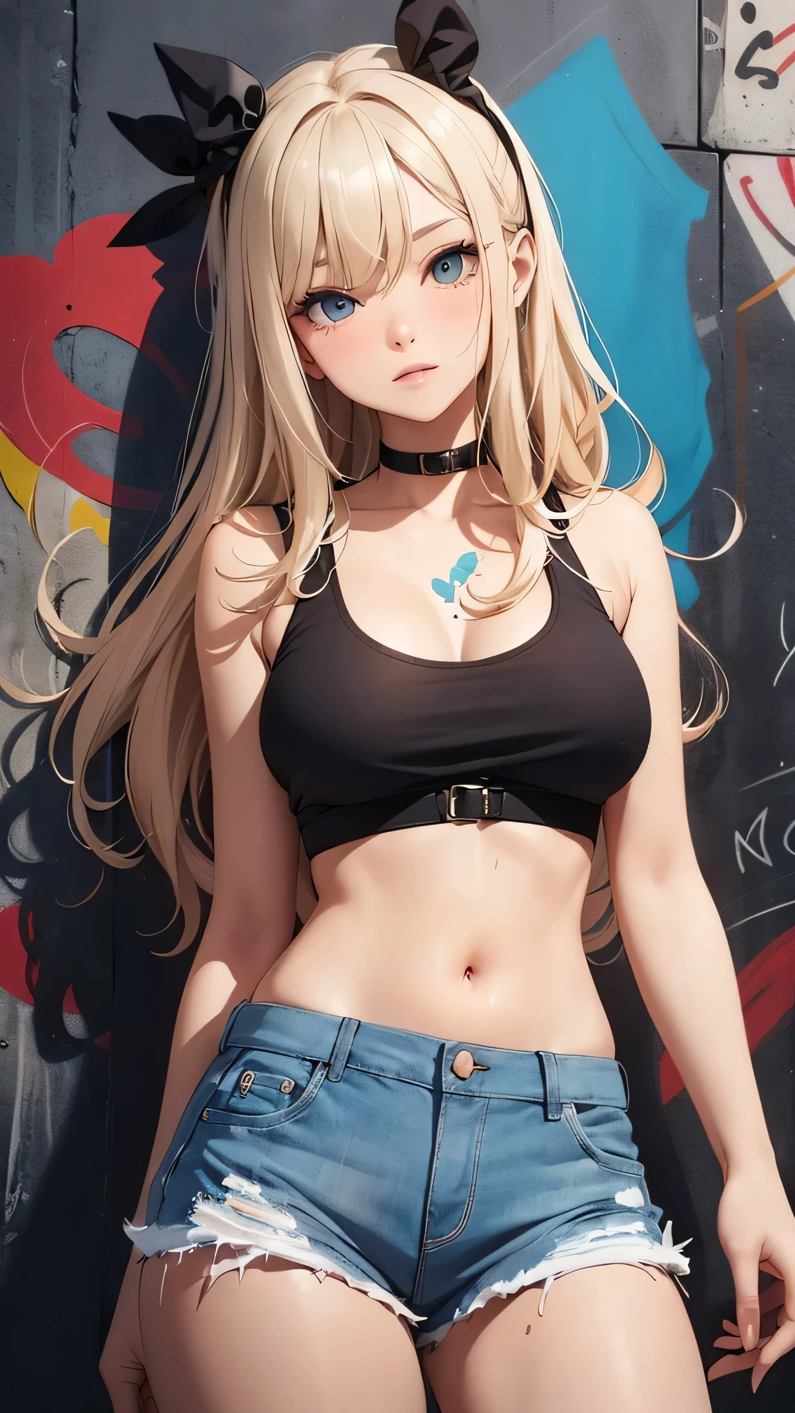 最high quality、best image quality、masterpiece、teenage girl((18-year-old、 By becoming、vest bust、medium bust,wide open breast tea、black eye, blonde hair、Habitual hair、long hair、thin,highest valley、navel black tank top、blue shorts、Holding a spray can、smug face、leaning forward)),high quality、beautiful art、background((Bright city、wall、graffiti、paint))debris flies、Depth of written boundary、movie、visual art、perfect art、8K,genuine
