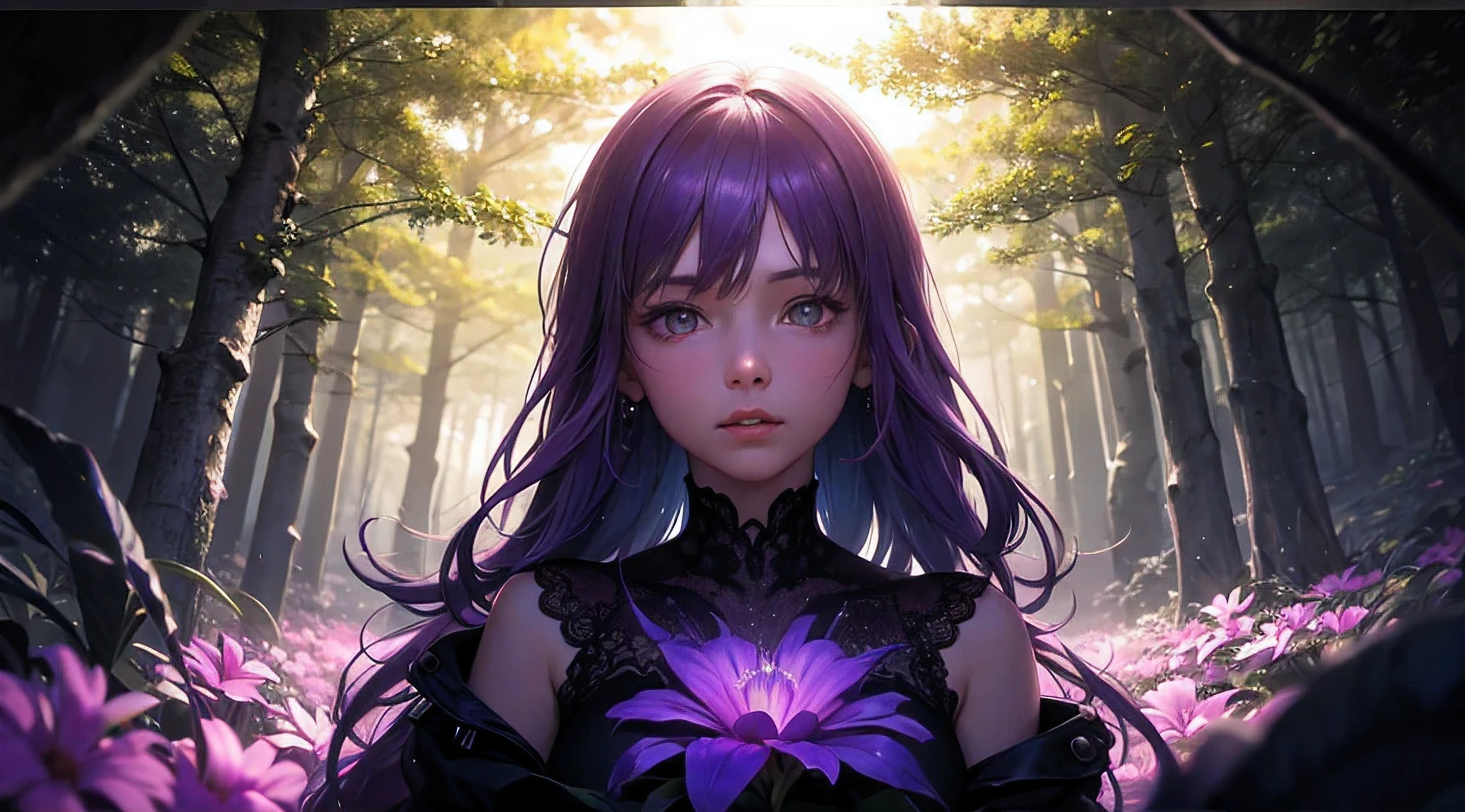 reticulatingnoisegradientstyle, bioluminescent purple flower,fabulous night forest,magical radiance,Concept art,depth of field,Raw photo,realistic,cinematic lighting,soft shadows,sharp focus,fractal,colorful,depth of field,best quality,16k resolution,vivid colors,volumetric lighting,