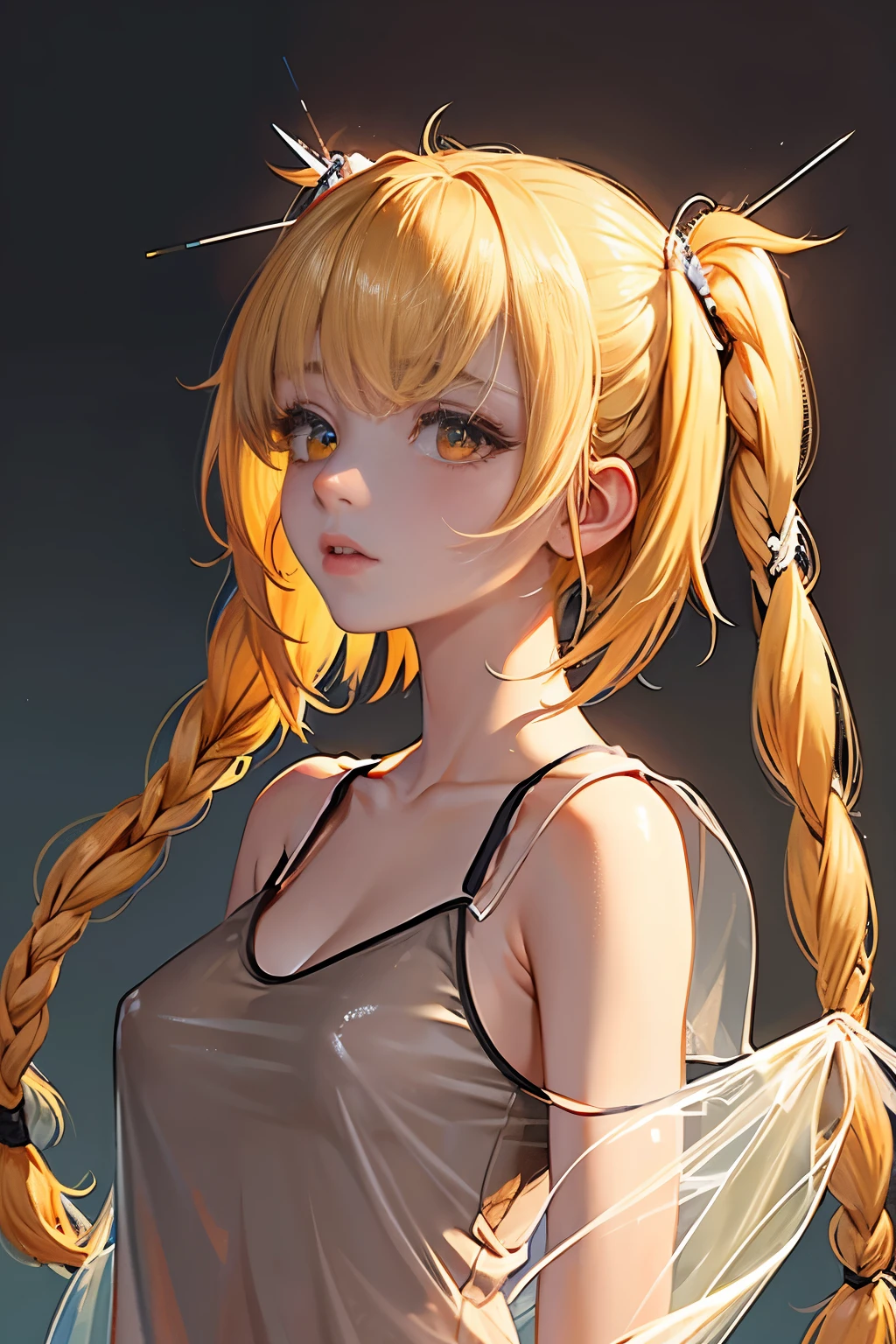 optimal，master piece，High resolution，best quality，hyper hd，super detail，award-winning，16K，solo，（Upper body），correct anatomy，Beautiful Cyberpunk Girl，cowboy shot、cute face，，blonde、long hair、twin tails、Braid, hair line，（（scarlet eyes）），long eyelashes，dangling corner of the eye，white skin，shoot from the side, ((see-through camisole:1.5)), ((transparent nipples))、rocket , （Because I&#39;m slender），