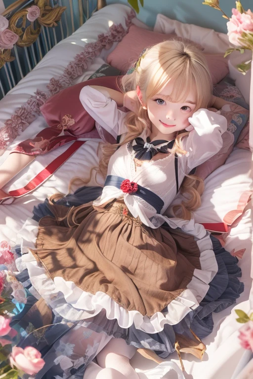 Masterpiece, top quality, highly detailed, dress, alone, ((contrasting eyes)), lying down, arms raised, armpits, from above, smiling, bedroom