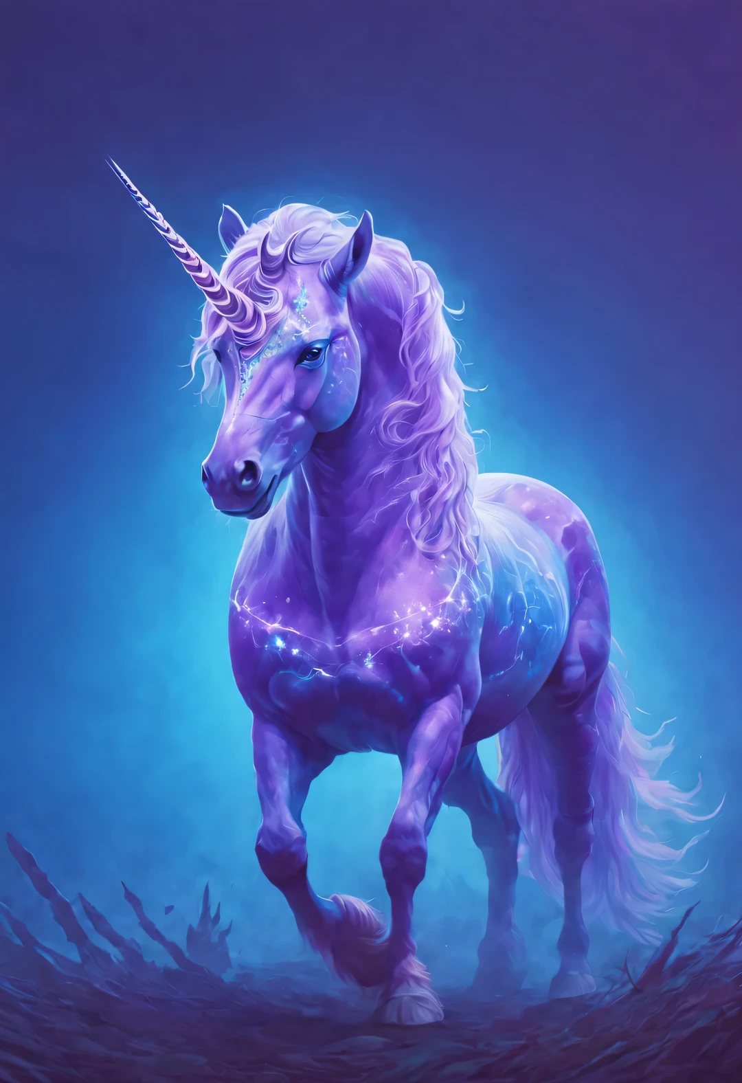 double contact, The huge translucent blue unicorn body incorporates 12 constellation graphics,
background: In the forest of Greek mythology, Shrouded in thick fog, shadow, blue and purple light, Full of mystery, Epic visual effects, Bottom Up, look up, up view, Ultra-clear, super high quality, 8k,
walking alone, The body emits a faint light (Highlight beautiful purple eyes), Unicorn heads are usually very elegant, proportional to its body. The most striking feature of a unicorn is its transparency, There are light golden spiral horns on the head, Appearance like jade，Standing tall and graceful. Their faces are usually triangular in shape, A pair of bright and deep eyes reveal wisdom and agility. The color of the eyes is blue, Unicorn&#39;s big ears are pointed and straight, Give people a feeling of alertness. Unicorn bodies are usually very strong and have smooth lines.