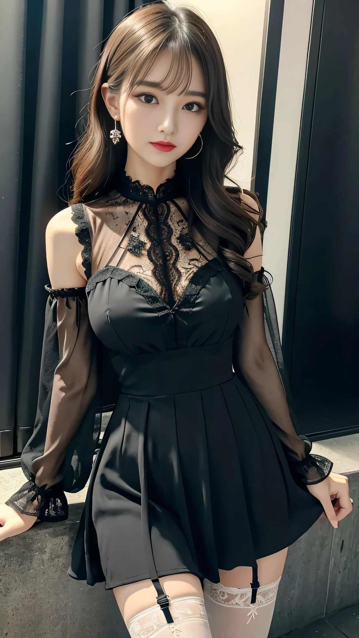 Super detailed、Japanese、charming beauty、seductive adult woman、Beautiful woman、sharp eyes、cool girl、wavy hair、suit、Black chiffon、lace fabric、wide sleeve、wearing a lace insert dress、white blouse、Tight Skirt、Lustrous legs、evilの幹部、evil depravity、brainwashing、Mind control、lipstick、grin、evilな表情、evil、empty eyes、evil、church at night、vampire、evil woman、vampire、lure、meanwhile