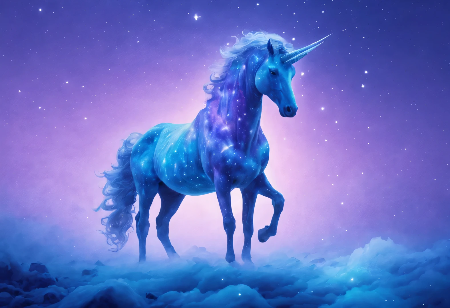 Double exposure surreal art style, The huge translucent blue unicorn blends with the 12 constellation graphics, background: Dense fog. Dense fog in the forest of Greek mythology., vignette, blue purple light, Full of mystery, Epic graphics, Bottom Up, look up, look up perspective,,Dan Flavin (Dan Flavin) a beautiful painting of,Pointillism,art,Super real,imaginative,dreamlike,otherworldly,wonderland, ethereal, Ice Age, Taurus, ♉︎,aries constellation, ♈︎,Gemini, ♊︎,cancer, ♋︎,virgo, ♍︎,Libra, ♎︎,Scorpio, ♏︎,Sagittarius, ♐︎,Capricorn, ♑︎,aquarius, ♒︎,Pisces, ♓︎,octane rendering,bottom view,beautiful lights,