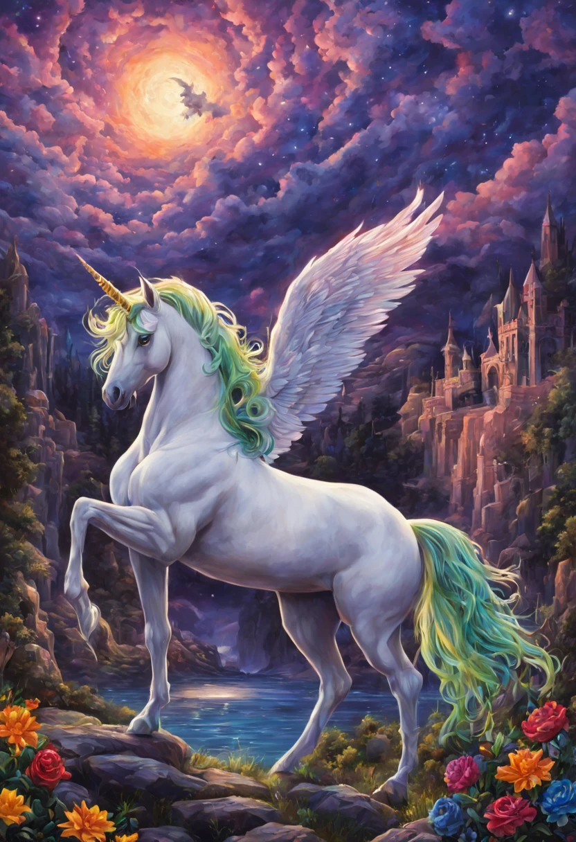 There is a majestic High Gothic scene with highly detailed elements. The central focus is a Fantasy Unicorn that is the main subject of the artwork. The unicorn is depicted with intricate design and remarkable attention to detail, emphasizing its mystical and magical qualities. The unicorn's mane and tail are adorned with a multitude of vibrant colors, creating a mesmerizing and fantastical appearance. The artwork is set under a bright starry night sky, with the stars shining brilliantly and illuminating the surroundings. The scene is bathed in a warm and serene glow, adding to the ethereal atmosphere. The artistic style of the piece is inspired by the works of Mark Brooks and Dan Mumford, renowned comic book artists, lending a dynamic and captivating quality to the composition. The artwork is crafted with utmost precision and flawlessness, resulting in a perfect and seamless creation. The colors used in the artwork are vivid and striking, bringing the scene to life with their vibrant hues. The lighting in the artwork is skillfully portrayed, with expertly placed highlights and shadows that enhance the overall depth and realism of the piece. Overall, this artwork combines the grandeur of High Gothic architecture, the intricacy of highly detailed elements, and the vibrant colors of a multicolored palette to create a visually stunning and captivating masterpiece.