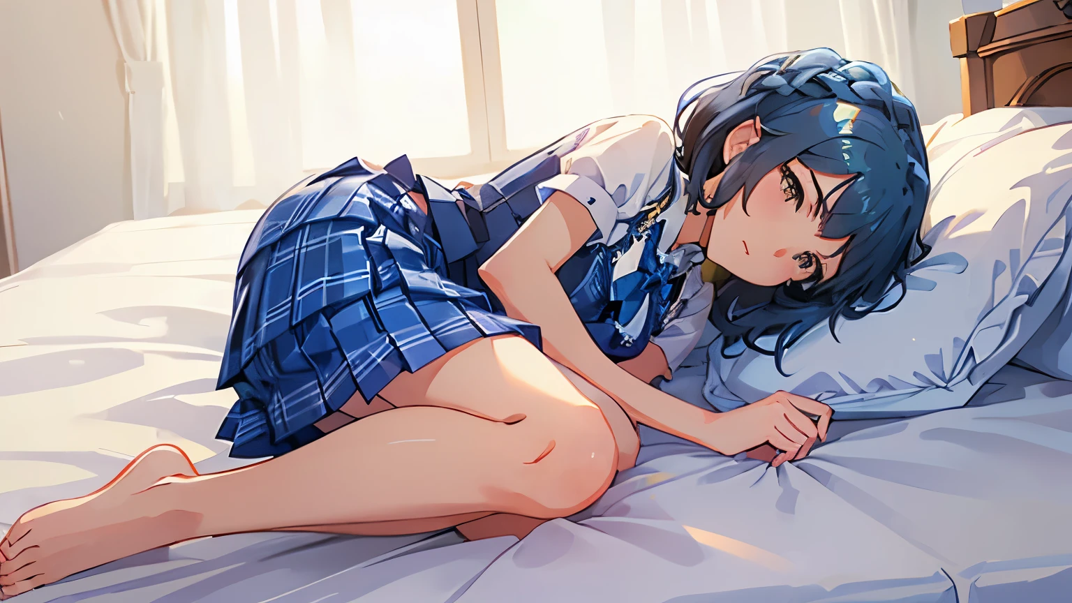 yuriko nanao (million live), 1 girl, Solo, Cute Girl, (Best Quality, Ultra-detailed, 8K, High resolution, Detailed face), (((lying on the bed, on side))), looking at viewer, Bob Hair, ((idol costume:1.2, blue vest, frilled vest:1.5, short sleeves, puffy sleeves, blue necktie, blue skirt, gingham plaid skirt, flared skirt, layered skirt:1.3, barefoot)),