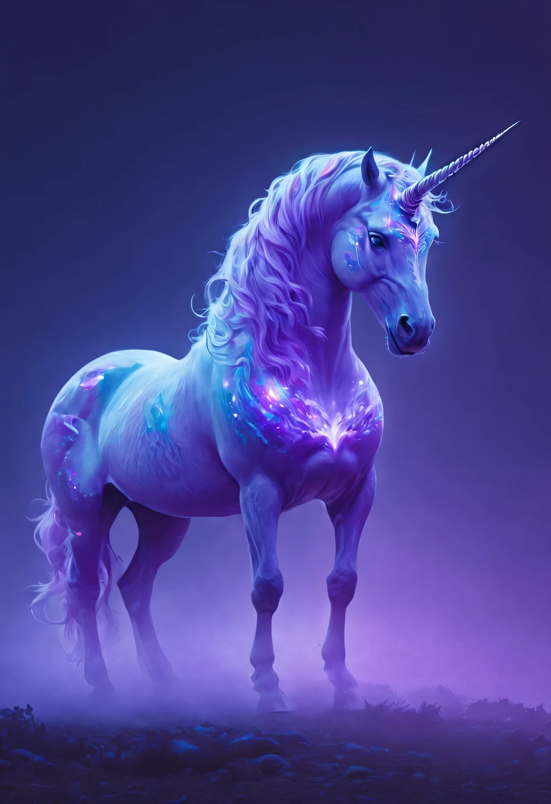 double contact, The huge translucent blue unicorn body incorporates 12 constellation graphics,
background: In the forest of Greek mythology, Shrouded in thick fog, shadow, blue and purple light, Full of mystery, Epic visual effects, Bottom Up, look up, up view, Ultra-clear, super high quality, 8k,
walking alone, The body emits a faint light (Highlight beautiful purple eyes), Unicorn heads are usually very elegant, proportional to its body. The most striking feature of a unicorn is its transparency, There are light golden spiral horns on the head, Appearance like jade,Standing tall and graceful. Their faces are usually triangular in shape, A pair of bright and deep eyes reveal wisdom and agility. The color of the eyes is blue, Unicorn's big ears are pointed and straight, Give people a feeling of alertness. Unicorn bodies are usually very strong and have smooth lines.