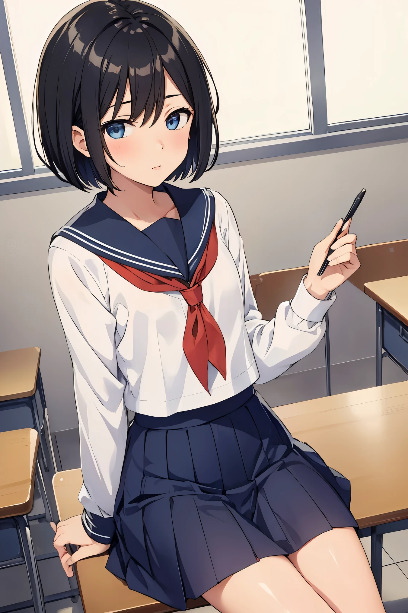 masterpiece:1.2, best quality, ((ultra detailed)), high resolution, 2d, anime style , photo, photography, detailed background, (1boy,otoko no ko, feminine),cute face,short hair,bob cut,(black hair),black pantyhose,flat chest,BREAK solo,(droopy eyes:1.3),,((blue eyes;1.2 )), beautiful thighs,embarrassed, BREAK classroom background, sitting,school uniform,serafuku BREAK pastel colors:1.4, solid paint:1.2, saturated color, contour