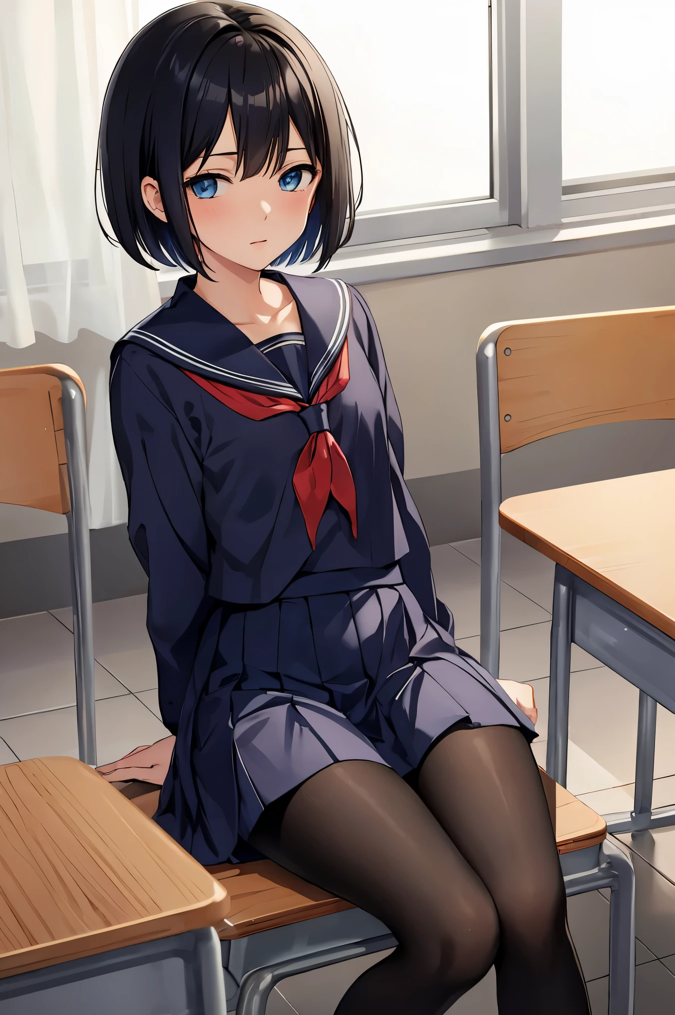 masterpiece:1.2, best quality, ((ultra detailed)), high resolution, 2d, anime style , photo, photography, detailed background, (1boy,otoko no ko, feminine),cute face,short hair,bob cut,(black hair),black pantyhose,flat chest,BREAK solo,(droopy eyes:1.3),,((blue eyes;1.2 )), beautiful thighs,embarrassed, BREAK classroom background, sitting,school uniform,serafuku BREAK pastel colors:1.4, solid paint:1.2, saturated color, contour