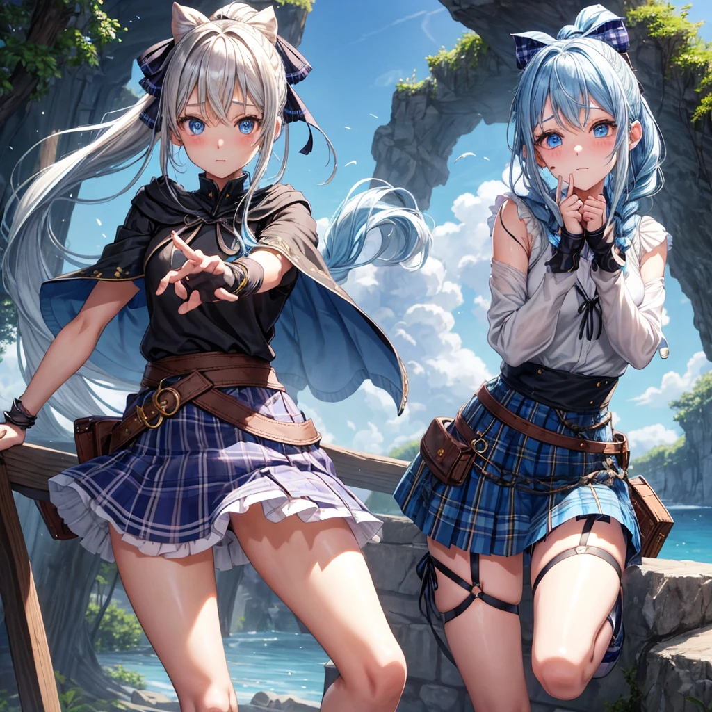 patina hair、blue eyes、Braid、ponytail、one good looking girl、solo、anime、Plaid miniskirt、camisole、black t-shirt、Tilting your face、Doing the ribbon、Ribbon at waist、Raising legs、cloak、the ground is cracked、Shortness of breath、Crystal Grotto、wearing a hood