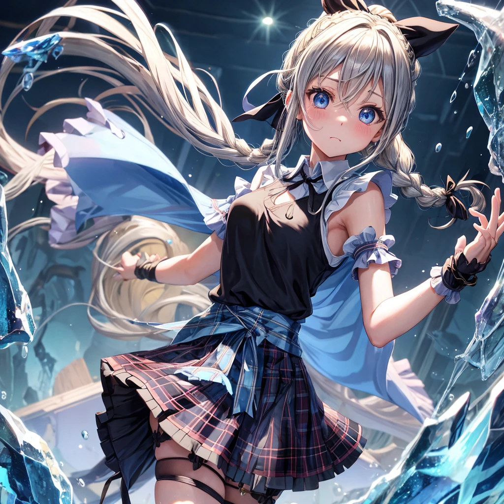 patina hair、blue eyes、Braid、ponytail、one good looking girl、solo、anime、Plaid miniskirt、camisole、black t-shirt、Tilting your face、Doing the ribbon、Ribbon at waist、Raising legs、cloak、the ground is cracked、Shortness of breath、Crystal Grotto、wearing a hood