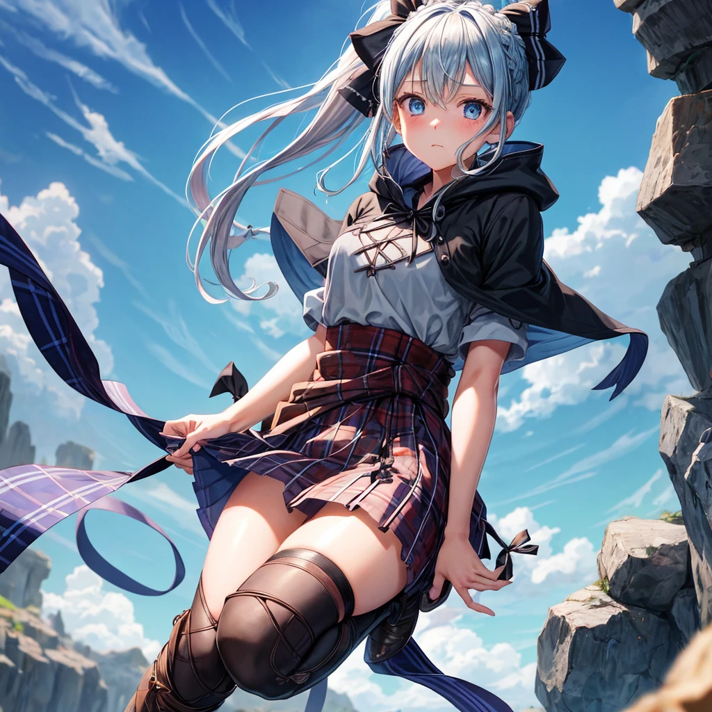 patina hair、blue eyes、Braid、ponytail、one good looking girl、solo、anime、Plaid miniskirt、camisole、black t-shirt、Tilting your face、Doing the ribbon、Ribbon at waist、Raising legs、cloak、the ground is cracked、Shortness of breath、Crystal Grotto、wearing a hood
