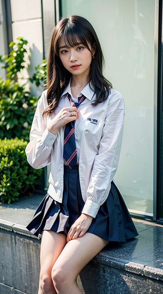 (8K、RAW photo、highest quality、masterpiece:1.2)、(realistic、Photoreal)、40 years、1 girl、I have a mole next to my eye、((White shirt with long sleeves、sailor suit、red tie、Below-the-knee length navy pleated skirt))、（high school girl）、The skirt is rolled up、gal、lots of eyelashes、glitter on eyelids、Dark Red Knee-High Socks、Skeletally correct、thighs open、wavy twintails、cute smile、sweaty body、attractive body beautiful perfect body、V-line emphasis、put your hands behind your head、Beautifully aligned fingertips、