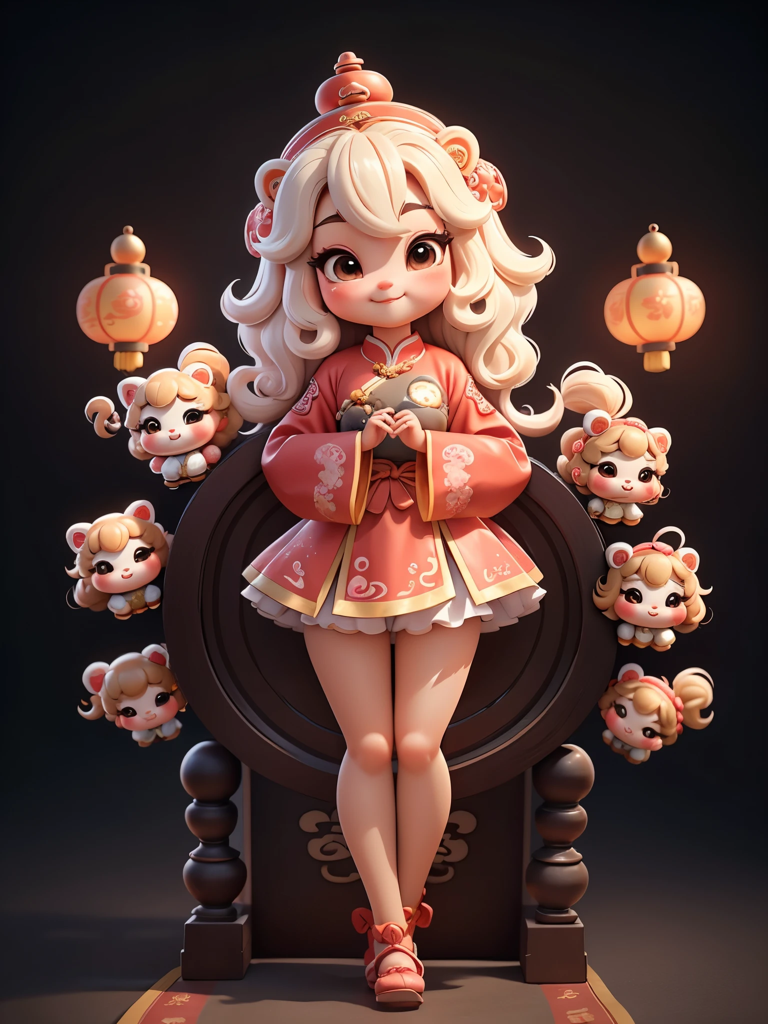 Cute new year theme,Create a series of adorable chibi style lion dancing girls,Chinese style, Each with tons of detail and 8K resolution. All dolls should follow the same background pattern and be fully visible in the image (whole body, including legs: 1.5) ,Chinese style buildings and red lanterns around,
Mini lion dance girl: Call her Marina. She must have a dark brown round head. Your eyes should be large and expressive, long eyelashes and rosy cheeks. Smile is delicate and white. Must be wearing a Hanfu long skirt, , Bonito Advanced Certificate, Hair texture and details,Make them more cute and charming.