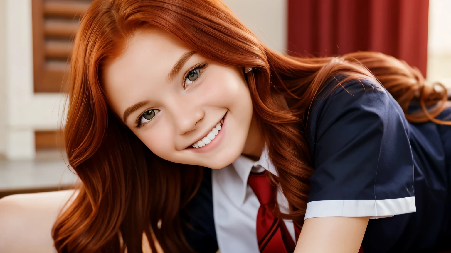 a beautiful 16 years old girl with wavy reddish copper hair, beautiful smile, wearing a red and black school uniform