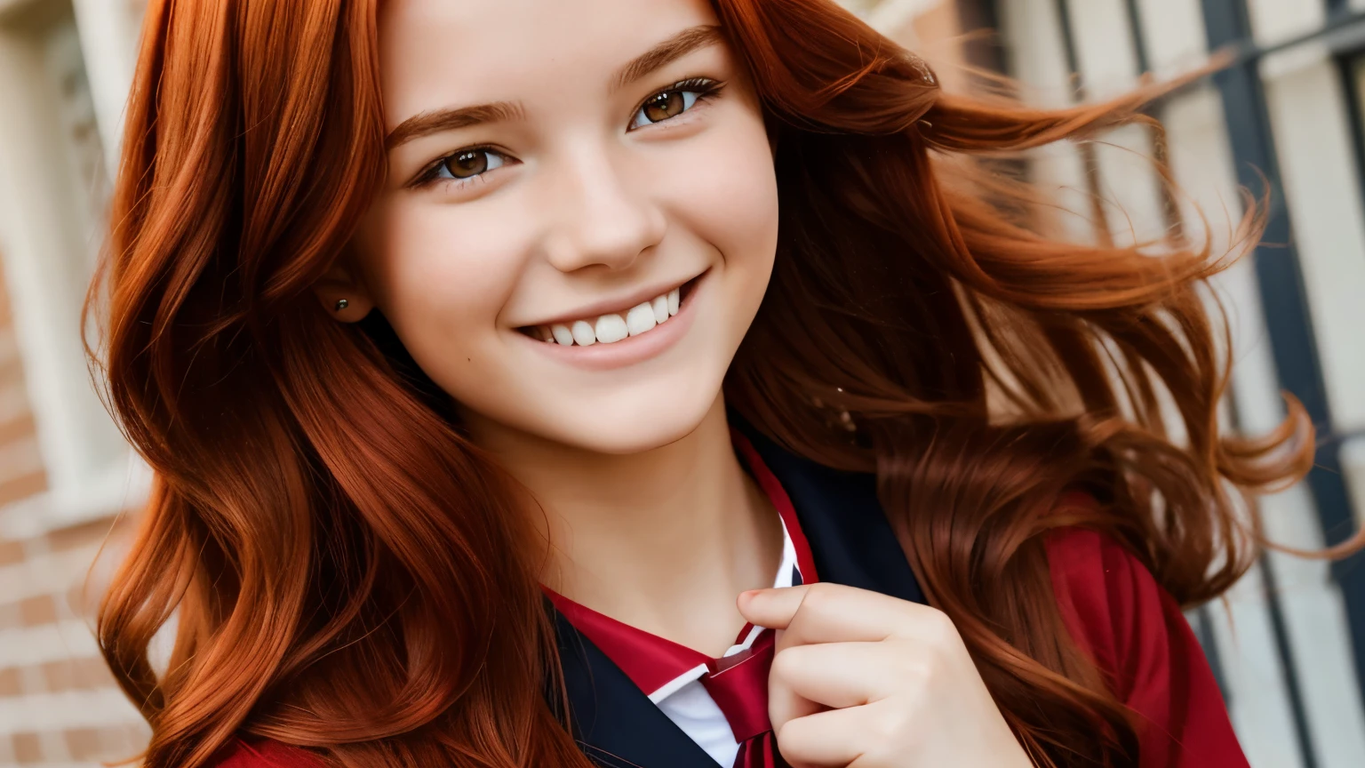 a beautiful  girl with wavy reddish copper hair, beautiful smile, wearing a red and black school uniform