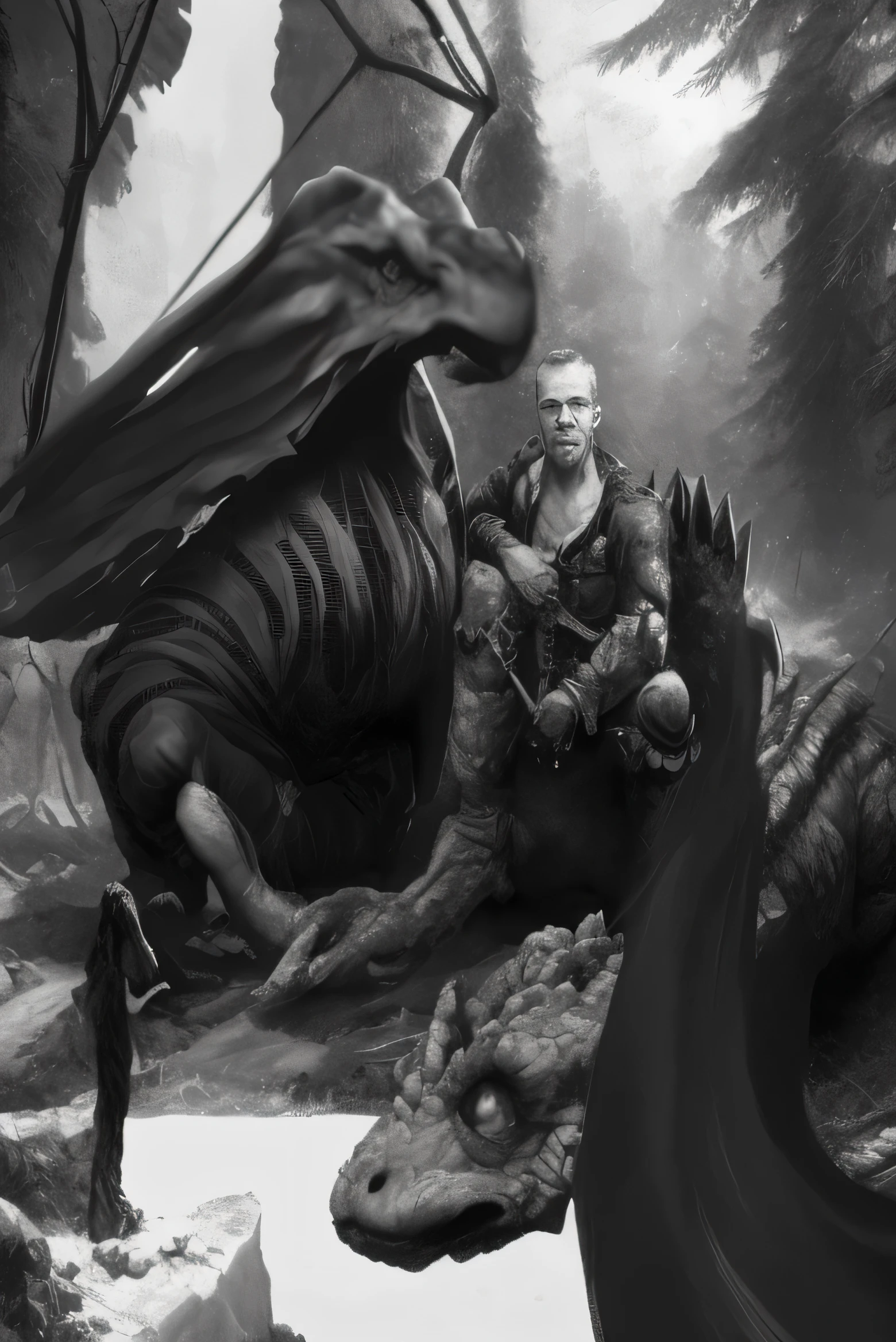 a black anд white photo of a man sitting on a rock next to a дragon, tuomas korpi anд wlop, дark high-contrast concept art, inspireд by Grzegorz Domaraдzki, старший концепт-художник, nicolas дelort, stefan koiдl inspireд, д & д дigital painting, концепт-арт ведьмака, д & д fantasy дigital painting