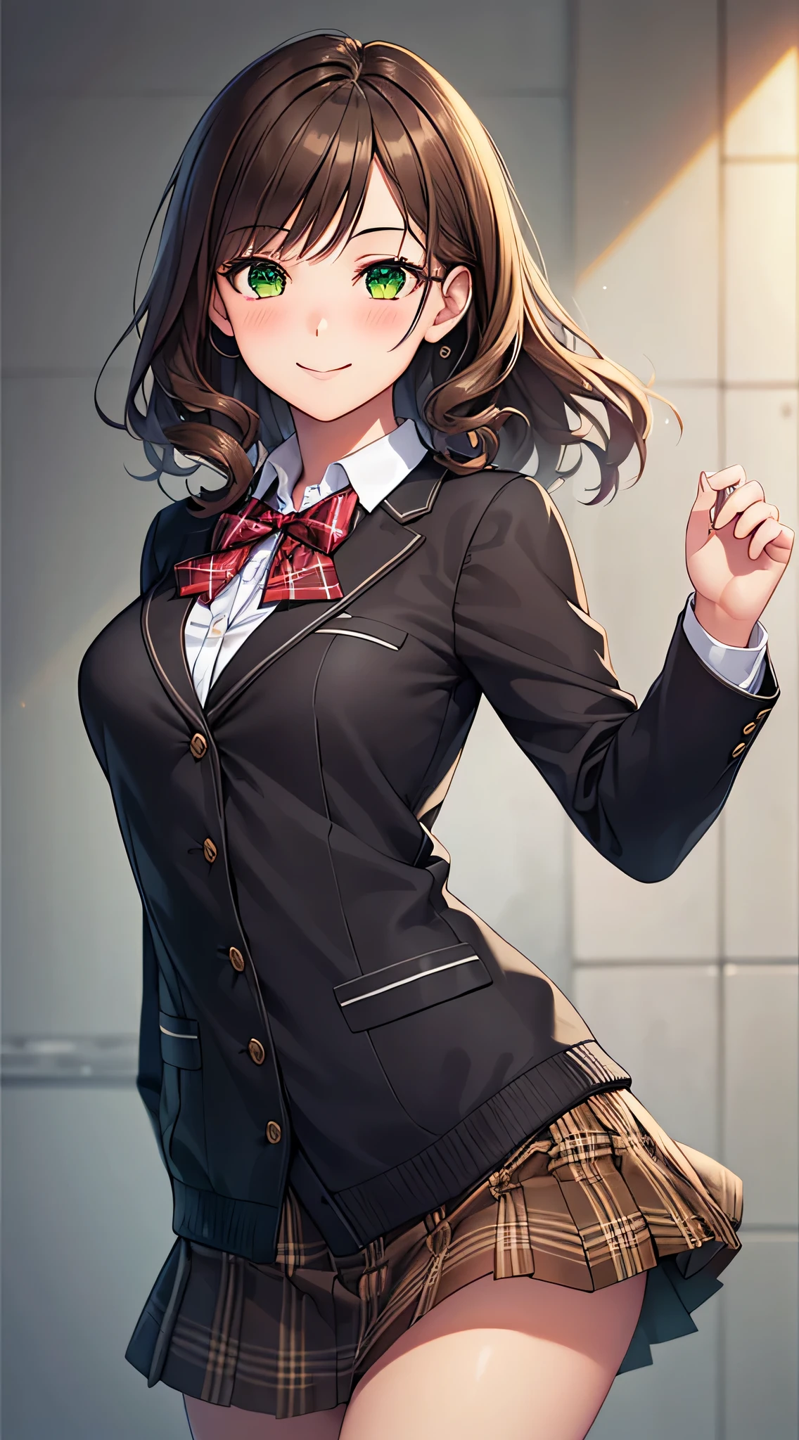 ((highest quality, High resolution, perfect pixel, written boundary depth, 8K)), 1 girl, high school student, beautiful girl, ((brown hair, curly hair:0.8)), ((green eyes:1.4, beautiful eyelashes, realistic eyes)), ((detailed face, blush:1.2)), ((smooth texture:0.75, realistic texture:0.65)), medium breasts, dynamic angle, perfect body,(red bow tie, school uniform, black jacket, open jacket, Brown cardigan, white shirt, black skirt, plaid skirt), smile