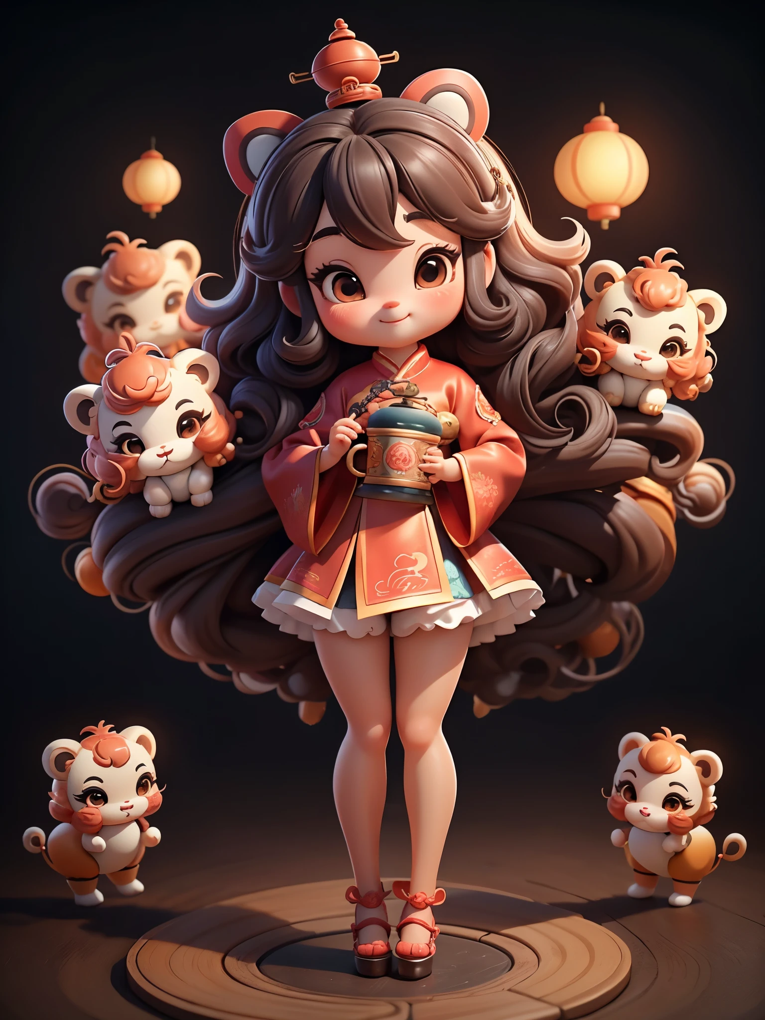 Cute new year theme,Create a series of adorable chibi style lion dancing girls,Chinese style, Each with tons of detail and 8K resolution. All dolls should follow the same background pattern and be fully visible in the image (whole body, including legs: 1.5) ,Chinese style buildings and red lanterns around,
Mini lion dance girl: Call her Marina. She must have a dark brown round head. Your eyes should be large and expressive, long eyelashes and rosy cheeks. Smile is delicate and white. Must be wearing a Hanfu long skirt, , Bonito Advanced Certificate, Hair texture and details,Make them more cute and charming.