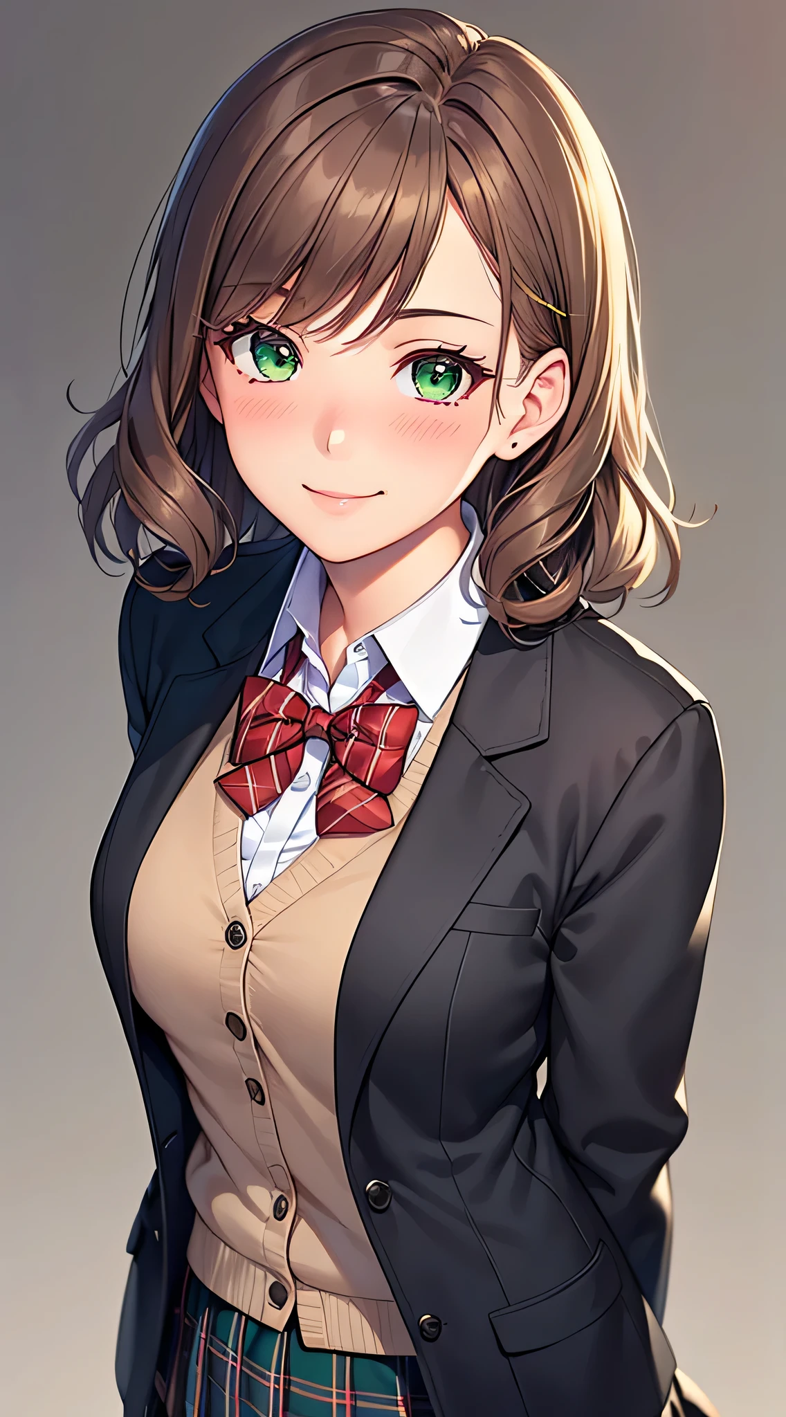((highest quality, High resolution, perfect pixel, written boundary depth, 8K)), 1 girl, high school student, beautiful girl, ((brown hair, curly hair:0.8)), ((green eyes:1.4, beautiful eyelashes, realistic eyes)), ((detailed face, blush:1.2)), ((smooth texture:0.75, realistic texture:0.65)), medium breasts, dynamic angle, perfect body,(red bow tie, school uniform, black jacket, open jacket, Brown cardigan, white shirt, black skirt, plaid skirt), smile