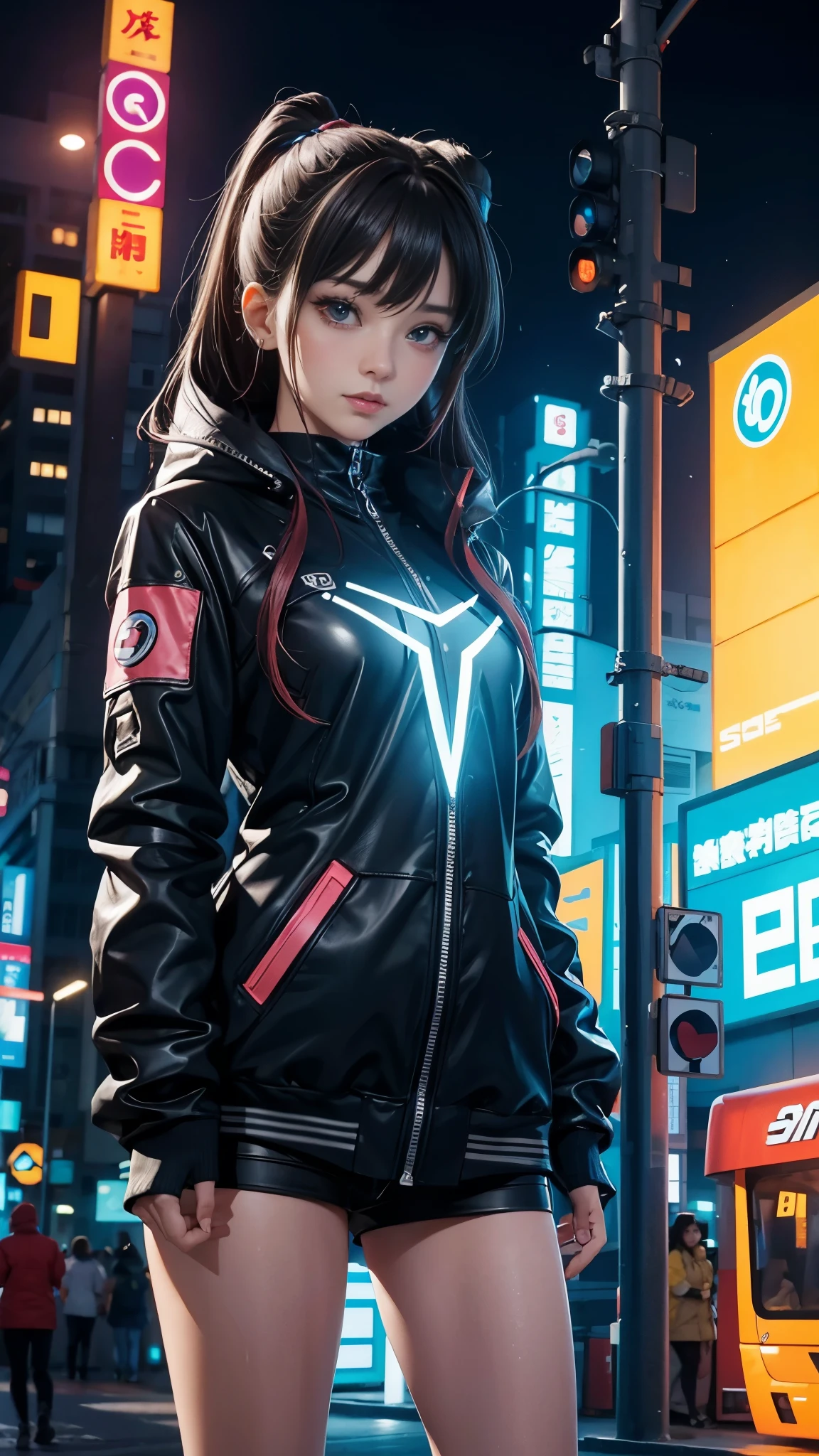 masterpiece,best quality,ultra detailed,anime style,Within a high-tech city,a cute girl commands electricity,sparks cascading along her fingertips. Her cyberpunk-inspired outfit,with circuit-like patterns,resonates with the neon-lit surroundings as she harnesses the energy of the urban landscape,