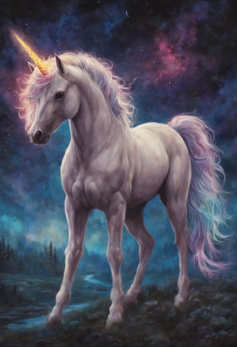 A highly detailed, high gothic piece of art featuring a fantasy unicorn is set under a bright, starry night. The unicorn is the main focus of the artwork and has a fantastical and majestic presence. Its body is adorned with vibrant, multicolored patterns that bring it to life. The artwork captures the intricate details of the unicorn's flowing mane and graceful curves, showcasing the artist's skill and attention to detail. The unicorn's horn is elegantly twisted, adding to its mystical aura.

The background of the artwork is a dark, starry night sky that provides a striking contrast to the unicorn's vibrant colors. The stars in the sky shine brightly, illuminating the scene and creating a sense of enchantment. The night sky is painted in a way that portrays a sense of depth and realism, with the stars twinkling against the dark backdrop.

The art style of the piece is inspired by the works of Mark Brooks and Dan Mumford, both known for their exceptional talent in comic book art. The use of highly detailed linework and intricate shading techniques brings depth and dimension to the artwork. The composition of the piece is carefully balanced, allowing the unicorn to stand out and capture the viewer's attention.

The color palette used in this artwork is vibrant and multicolored, with bold hues of blues, purples, and pinks, creating a sense of magic and wonder. The vibrant colors of the unicorn's patterns contrast against the dark sky, giving the artwork a dynamic and captivating look.

The lighting in the artwork is focused on the unicorn, highlighting its presence and emphasizing its beauty. The bright stars in the night sky cast a soft glow on the unicorn, illuminating its features and creating a mesmerizing effect. The overall lighting gives the artwork a dreamlike quality, further enhancing the fantastical atmosphere.

This highly detailed and multicolored artwork captures the essence of a high gothic fantasy, showcasing the beauty and grace of a majestic unicorn. The expert execution of the piece by Mark Brooks and Dan Mumford, along with the perfect blending of colors, creates a smooth and visually stunning artwork. This masterpiece is a testament to the talent and skill of the artists, leaving the viewers in awe of its beauty.