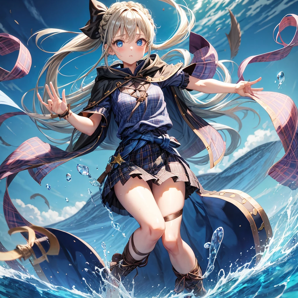 patina hair、blue eyes、Braid、ponytail、one good looking girl、solo、anime、Plaid miniskirt、camisole、black t-shirt、Tilting your face、Doing the ribbon、Ribbon at waist、Raising legs、cloak、the ground is cracked、Shortness of breath、Crystal Grotto、wearing a hood