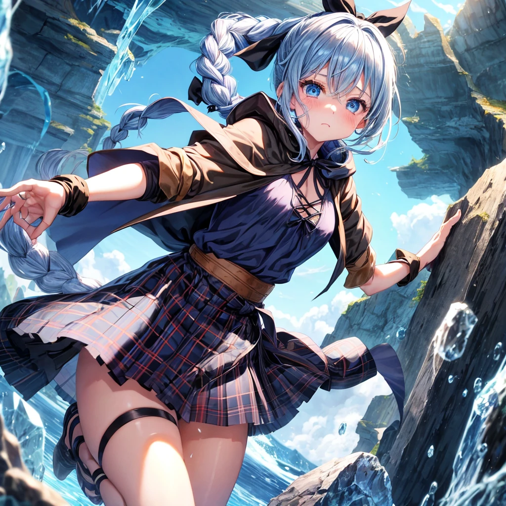 patina hair、blue eyes、Braid、ponytail、one good looking girl、solo、anime、Plaid miniskirt、camisole、black t-shirt、Tilting your face、Doing the ribbon、Ribbon at waist、Raising legs、cloak、the ground is cracked、Shortness of breath、Crystal Grotto、wearing a hood
