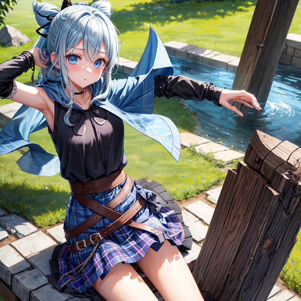 patina hair、blue eyes、Braid、ponytail、one good looking girl、solo、anime、Plaid miniskirt、camisole、black t-shirt、Tilting your face、Doing the ribbon、Ribbon at waist、Raising legs、cloak、the ground is cracked、Shortness of breath、Crystal Grotto、wearing a hood