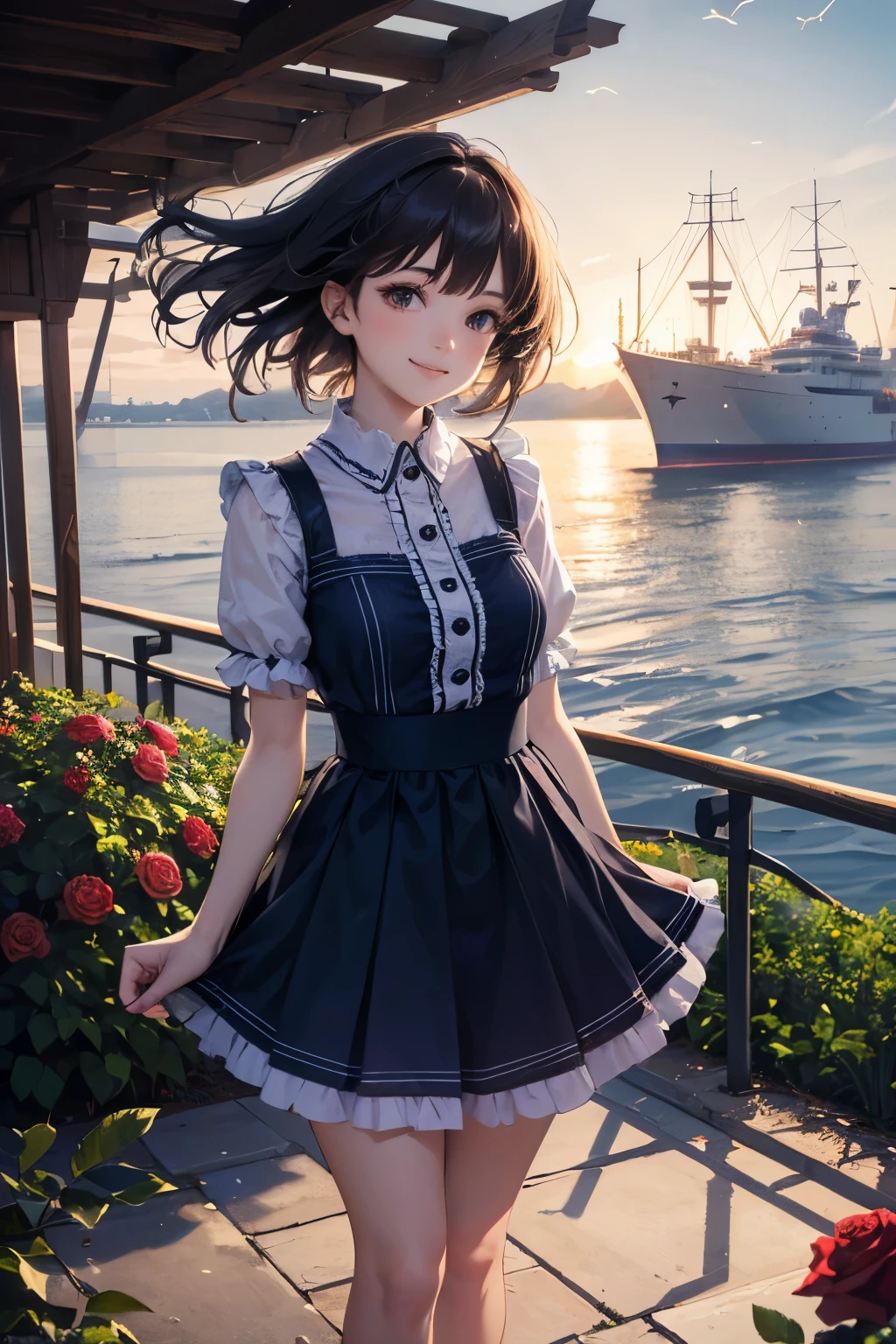 very cute and beautiful girl,(highly detailed beautiful face),(smile),cowboy shot,
navy blue frilled dress,walking,dynamic pose,(detailed legs,mini skirt:0.9),
black hair,(rose garden),navy harbor,warships in distance,
(best quality,masterpiece:1.2),absurdres,highres,ultra-detailed,extremely detailed,32k,8k resolution,
intricate details,cinematic scene,detailed background,solo,dynamic angle,
solo,natural lighting,hair fluttering in the wind,beautiful detailed sky,
(realistic),perfect hands,