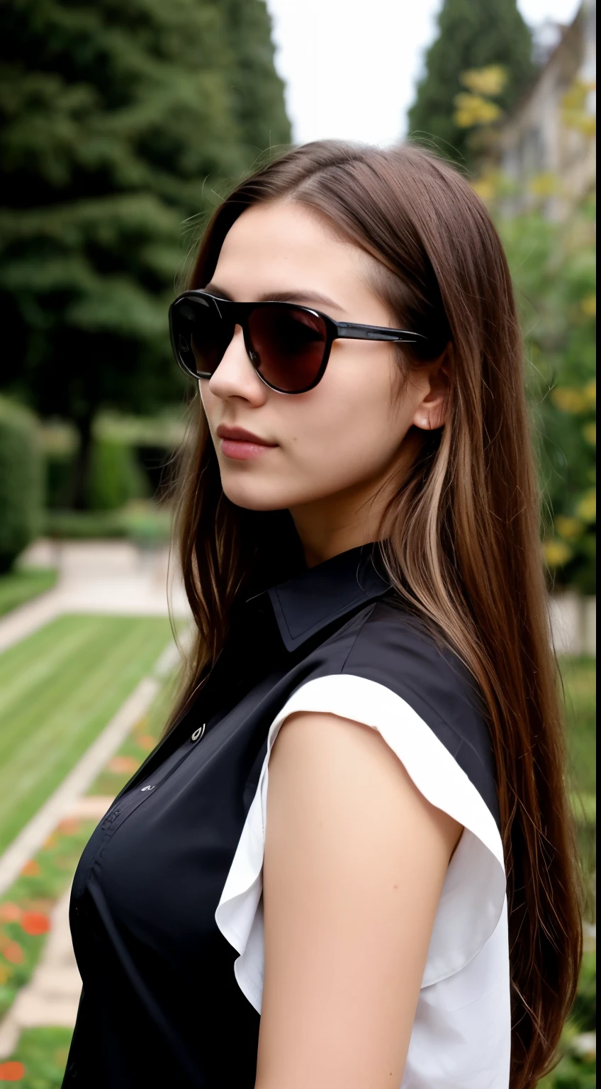 一名 23 岁的blond女子, ((big breasts)), ((Surrealism)) ,. blond,light brown hair roots. blond, hair with brown roots, extra long hair, very long hair, hair is really long, beautiful, Front view, self-shot, Photos taken with iPhone, Elegant black shirt,Bring goggles, low cut, self-shot in the garden, high quality, self-shot iPhone, split