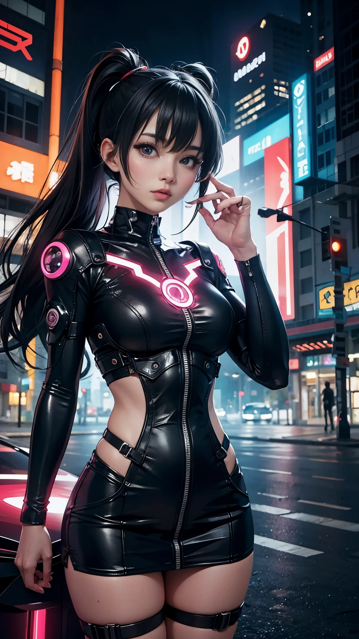 masterpiece,best quality,ultra detailed,anime style,Within a high-tech city,a cute girl commands electricity,sparks cascading along her fingertips. Her cyberpunk-inspired outfit,with circuit-like patterns,resonates with the neon-lit surroundings as she harnesses the energy of the urban landscape,