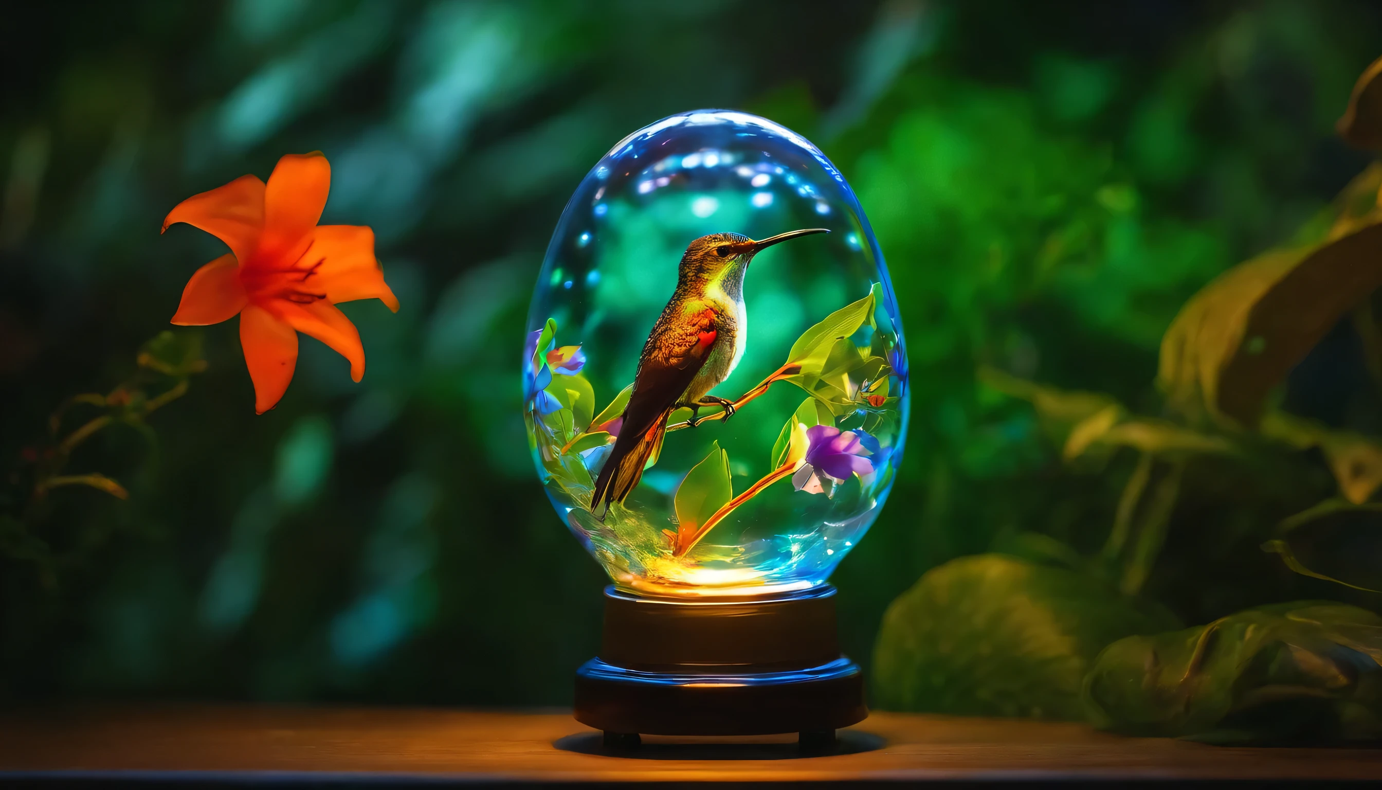 a glass lamp with flying kolibri inside, em cores bioluminescentes, Fundo da selva, bright lighting flowers, in double exposure, estilo de pintura abstrata, surreal, altamente detalhado, misterioso