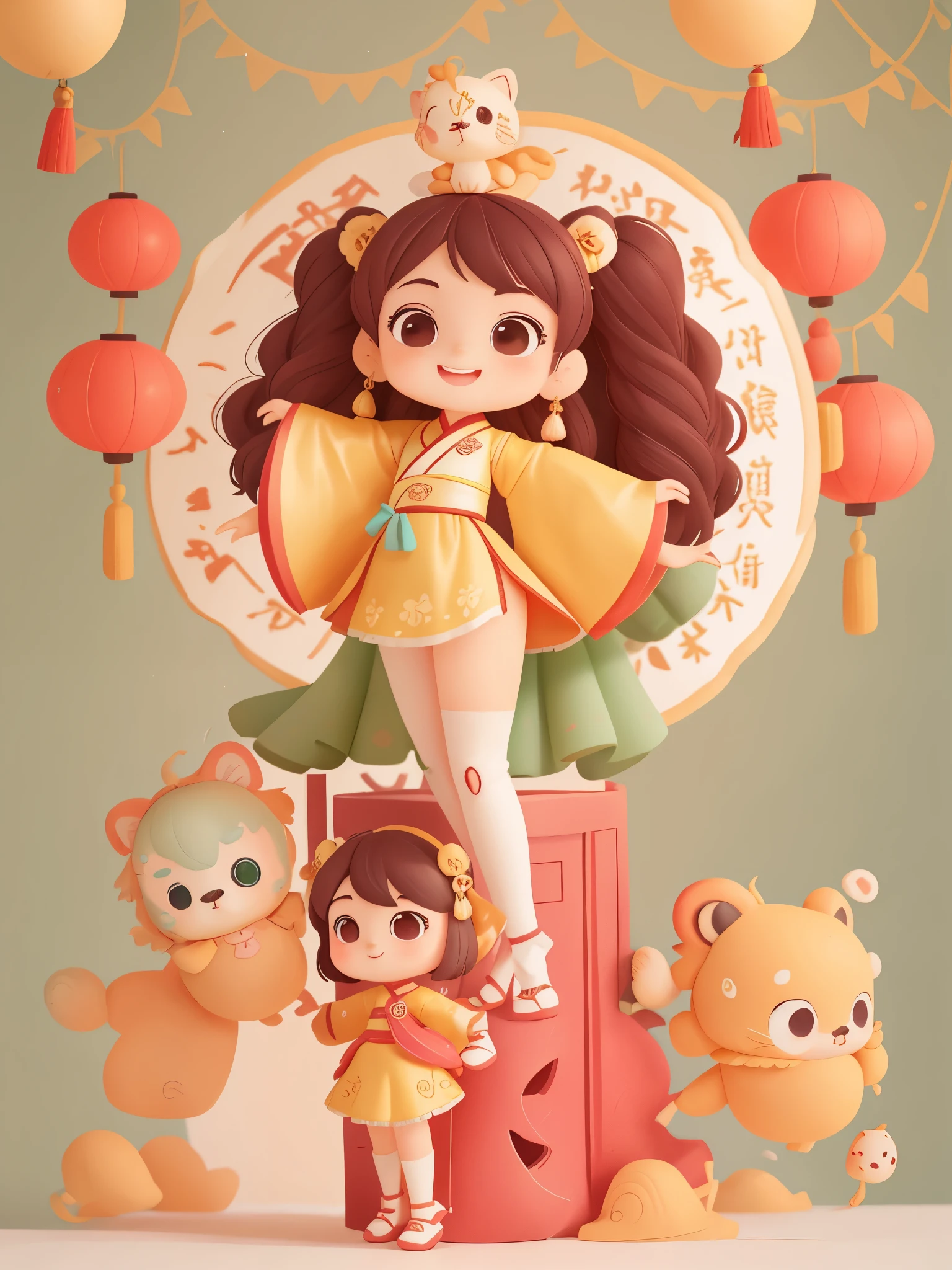 Cute new year theme，Create a series of adorable chibi style lion dancing girls，Wearing a Hanfu robe，Chinese style, Each with tons of detail and 8K resolution. All dolls should follow the same background pattern and be fully visible in the image (whole body, including legs: 1.5) ，Chinese style buildings and red lanterns around, 
Mini lion dance girl: Call her Marina. She must have a dark brown round head. Your eyes should be large and expressive, long eyelashes and rosy cheeks. Smile is delicate and white. Must be wearing a Hanfu long skirt,  , Bonito Advanced Certificate, Hair texture and details，Make them more cute and charming.