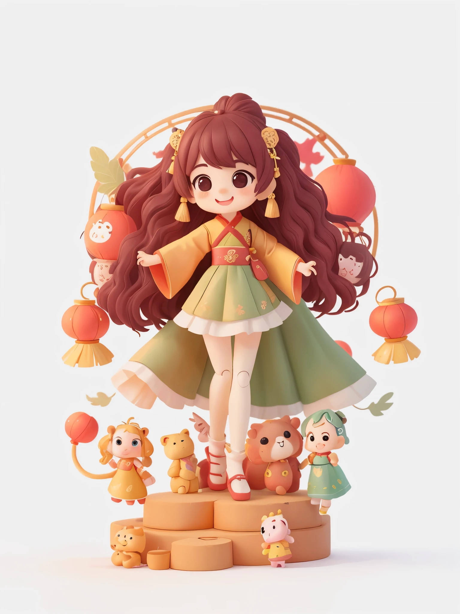 Cute new year theme,Create a series of adorable chibi style lion dancing girls,Wearing a Hanfu robe,Chinese style, Each with tons of detail and 8K resolution. All dolls should follow the same background pattern and be fully visible in the image (whole body, including legs: 1.5) ,Chinese style buildings and red lanterns around,
Mini lion dance girl: Call her Marina. She must have a dark brown round head. Your eyes should be large and expressive, long eyelashes and rosy cheeks. Smile is delicate and white. Must be wearing a Hanfu long skirt, , Bonito Advanced Certificate, Hair texture and details,Make them more cute and charming.