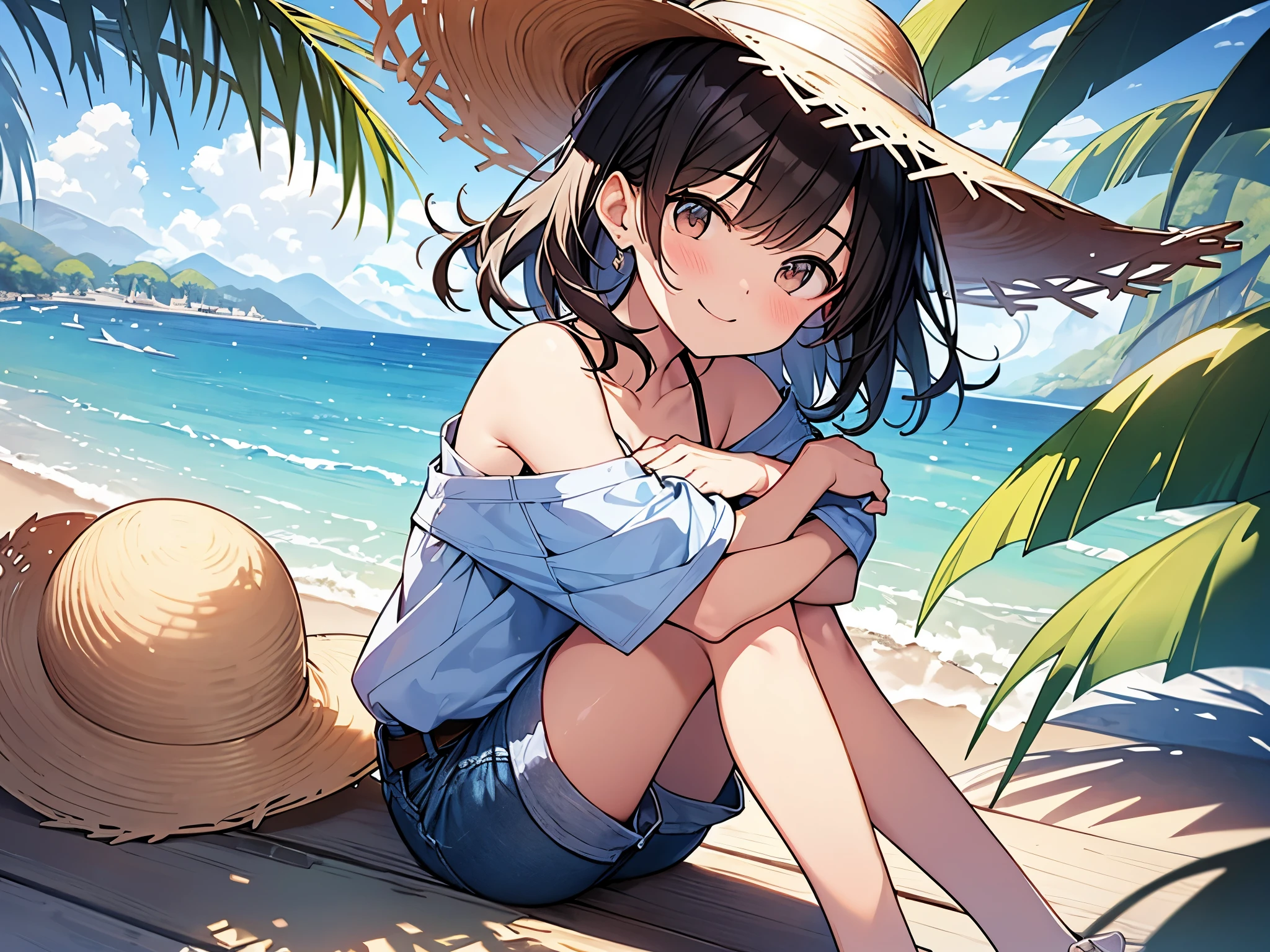 1girl,solo,,looking at viewer,tokisaki kurumi,black hair,hair over one eye,very long hair,,red eyes,,low twintails,,spoken heart,,(petite),flat chest,grin,outdoor,camisole,denim shorts,socks,(nsfw)