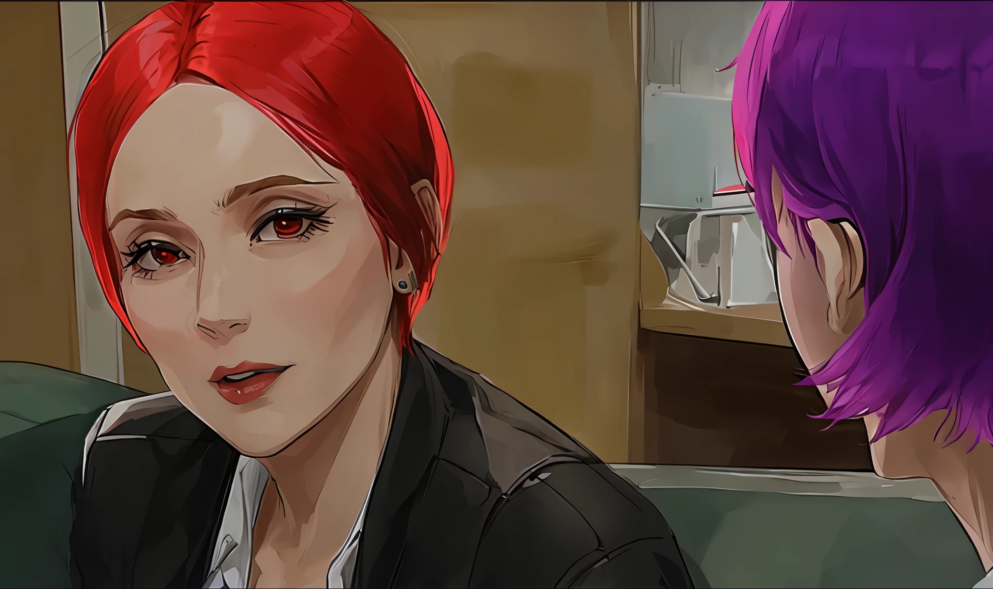 There is an evil red haired 50 year old woman talking about a plan