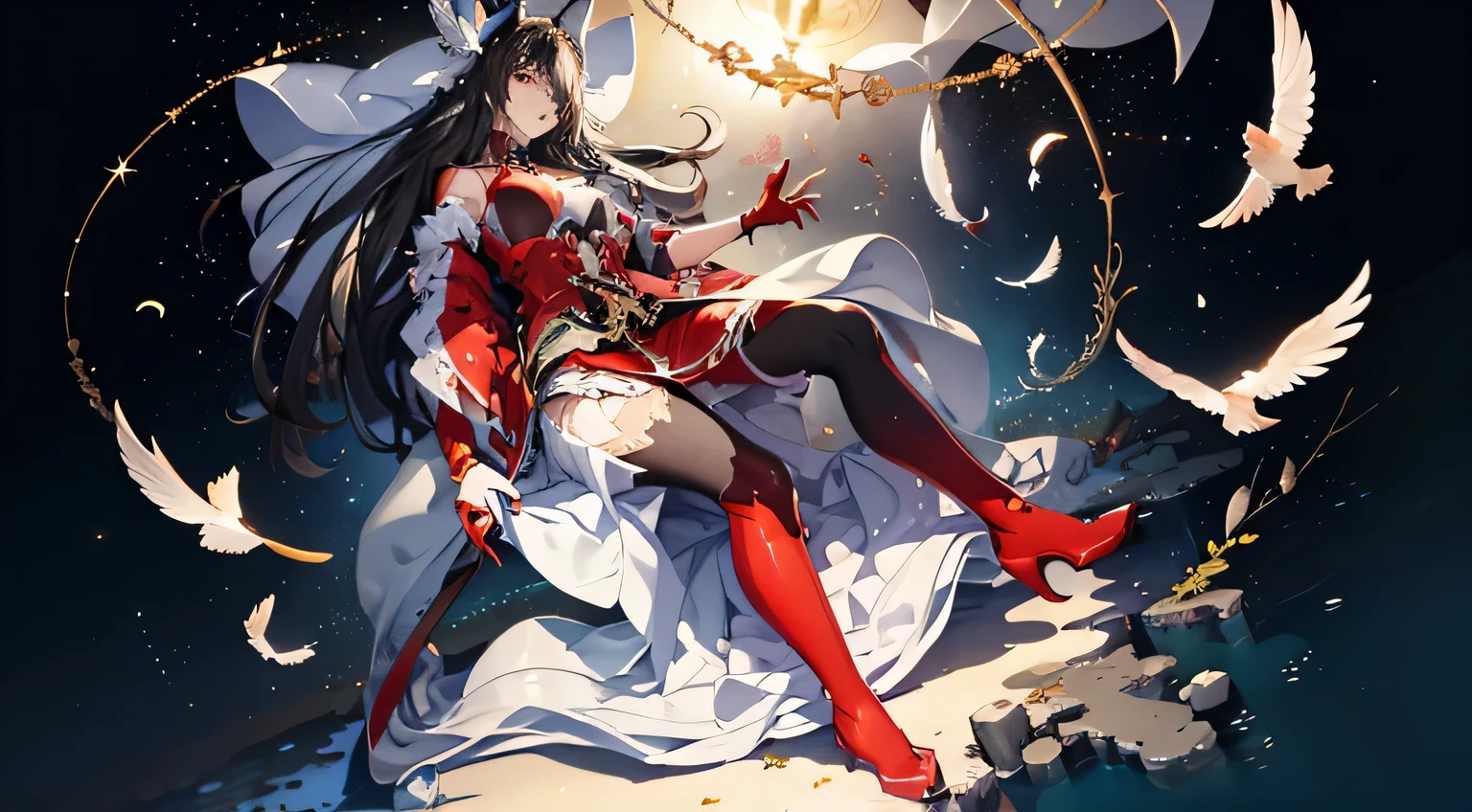 masterpiece,best quality,Super beautiful illustrations,一个wearing red dress的女人躺在地上,He's dead,black hair,White feathers are inserted on the head,with hair dishevelled,wearing red dress,Show your thighs,