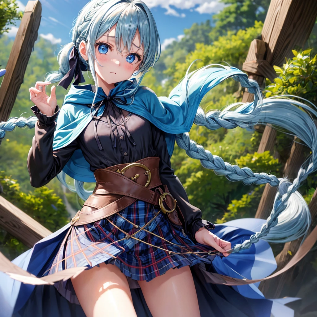 patina hair、blue eyes、Braid、ponytail、one good looking girl、solo、anime、Plaid miniskirt、camisole、black t-shirt、Tilting your face、Doing the ribbon、Ribbon at waist、Raising legs、cloak、the ground is cracked、Shortness of breath、Crystal Grotto、wearing a hood
