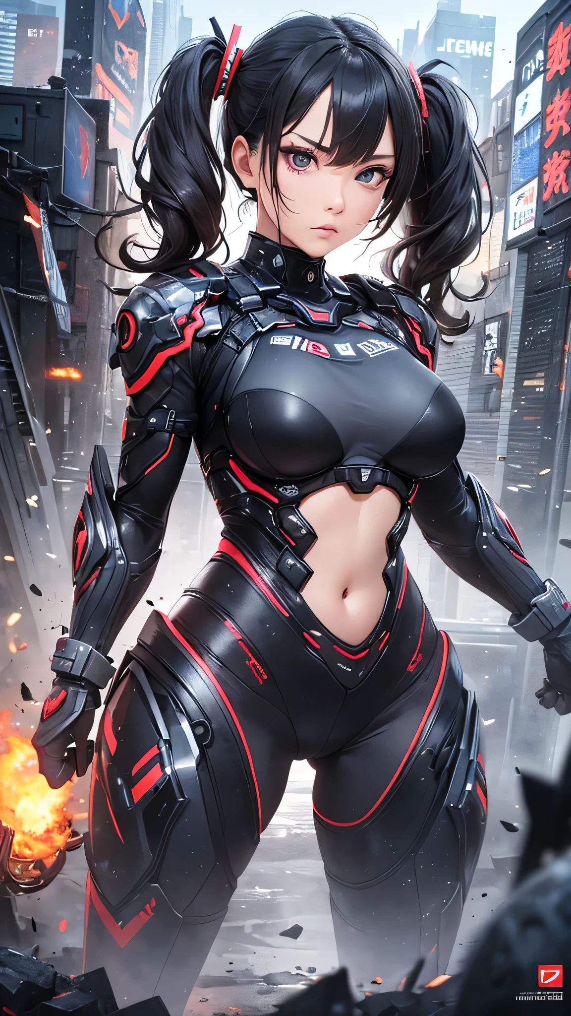 (Close-up:1.4)、(RAW photo:1.2)、(photorealistic:1.4)、(masterpiece:1.3)、(highest quality:1.4)、(Beautiful woman with perfect body:1.4)、Woman standing in front of a group of robots、beautiful android woman、beautiful female soldier、girl in a suit、complex combat uniform、beautiful young Japanese woman、Highly detailed face and skin texture、detailed big eyes、double eyelid、cute face、(twin tails:1.2)、(huge breasts)、(full body shot)、cowboy shot、(angry expression:1.2)、Storms and epic war scenes、cyberpunk scene、night time、illumination、plug suit、have a gun、combat uniform damage