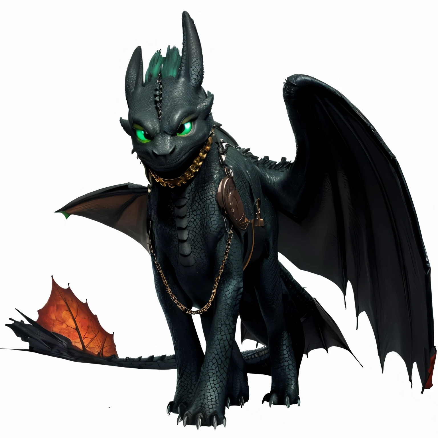 dragon with green eyes and a chain around its neck, mutant, how to train your dragon