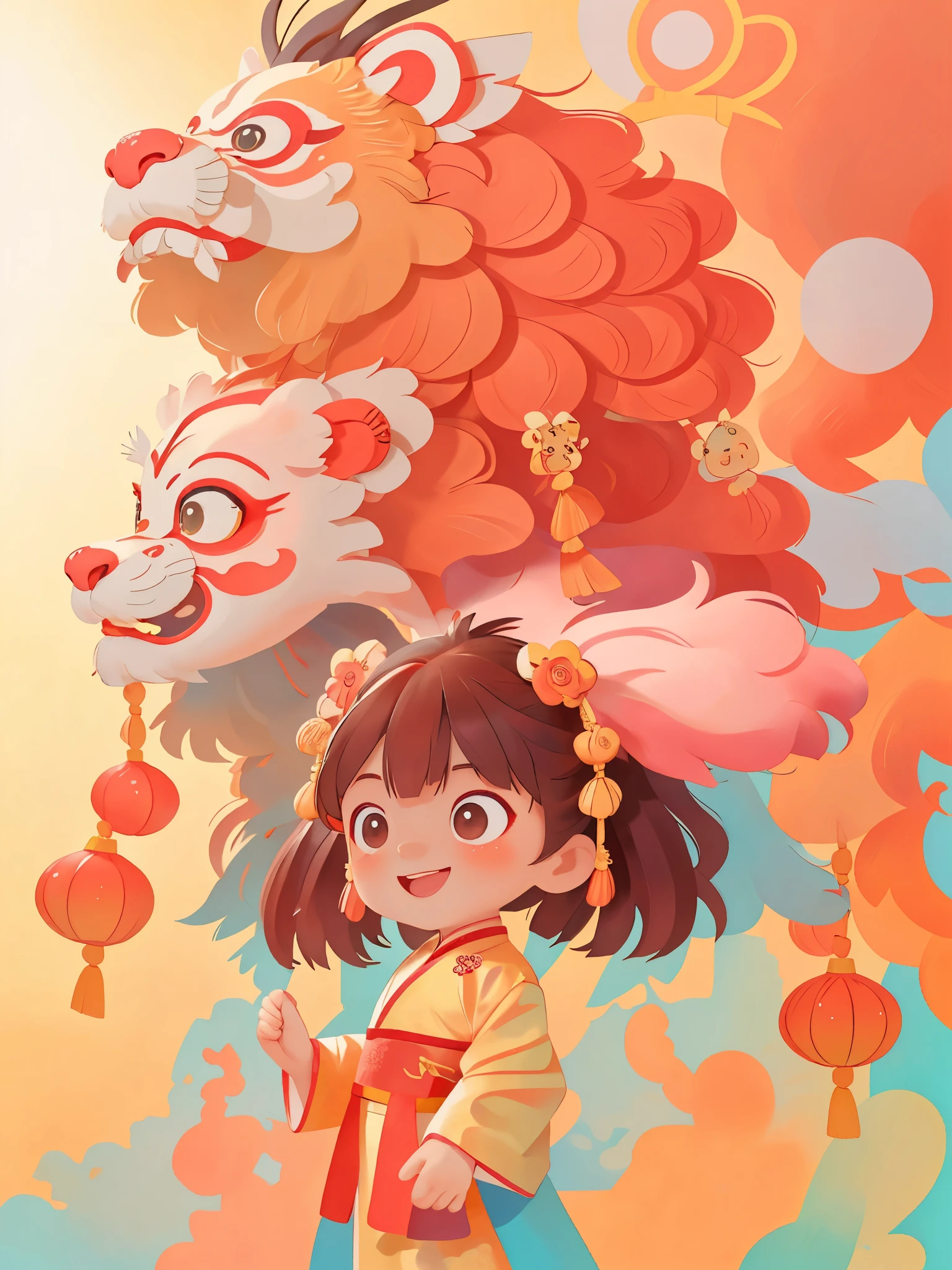 dream to be((lion dance girl))of cute girls, ((preschool))，装扮成lion dance girl，wear(((Hanfu robe))), background：Chinese style buildings and red lanterns around，smiling, (masterpiece: 1.2) (actual: 1.2) (Bokeh) (best quality) (delicate skin: 1.3) (intricate details) (8k) (exquisite eyes) (sharp focus), (happy)