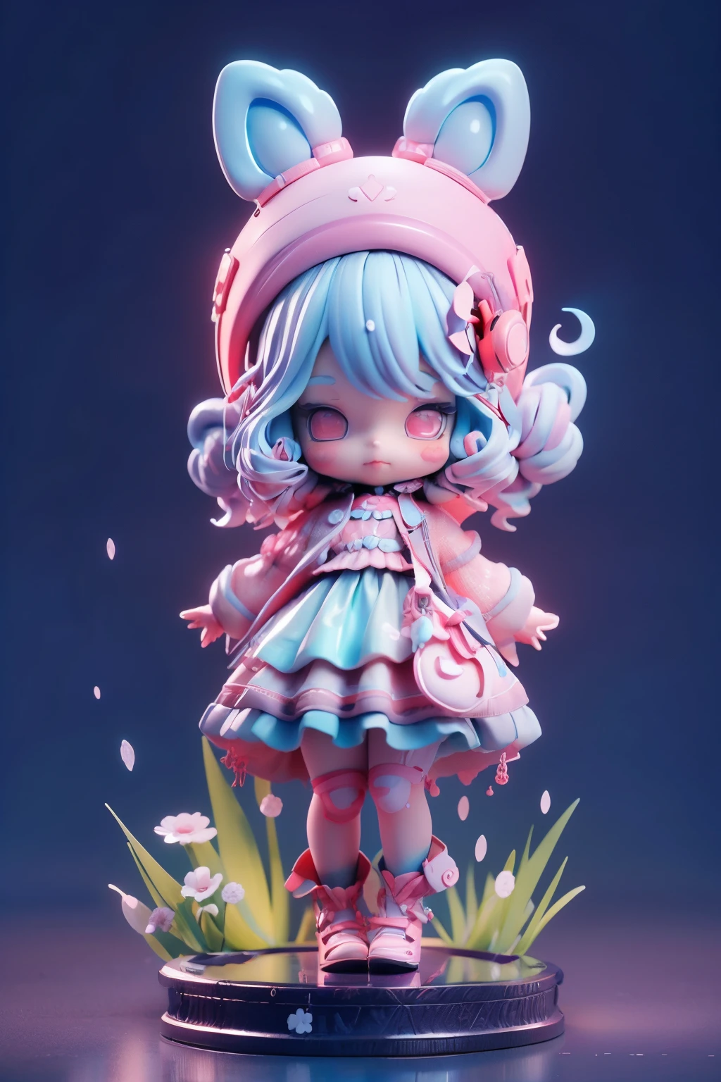 Pink wavy curly rabbit，Wearing a Lolita dress，Celebrity jewelry，lolita style，（​Masterpiece，best quality），3D blind box doll，pastel tones，Light，Highly detailed official artwork，Beautiful anime art, Anime Fantasy Illustration、White background、