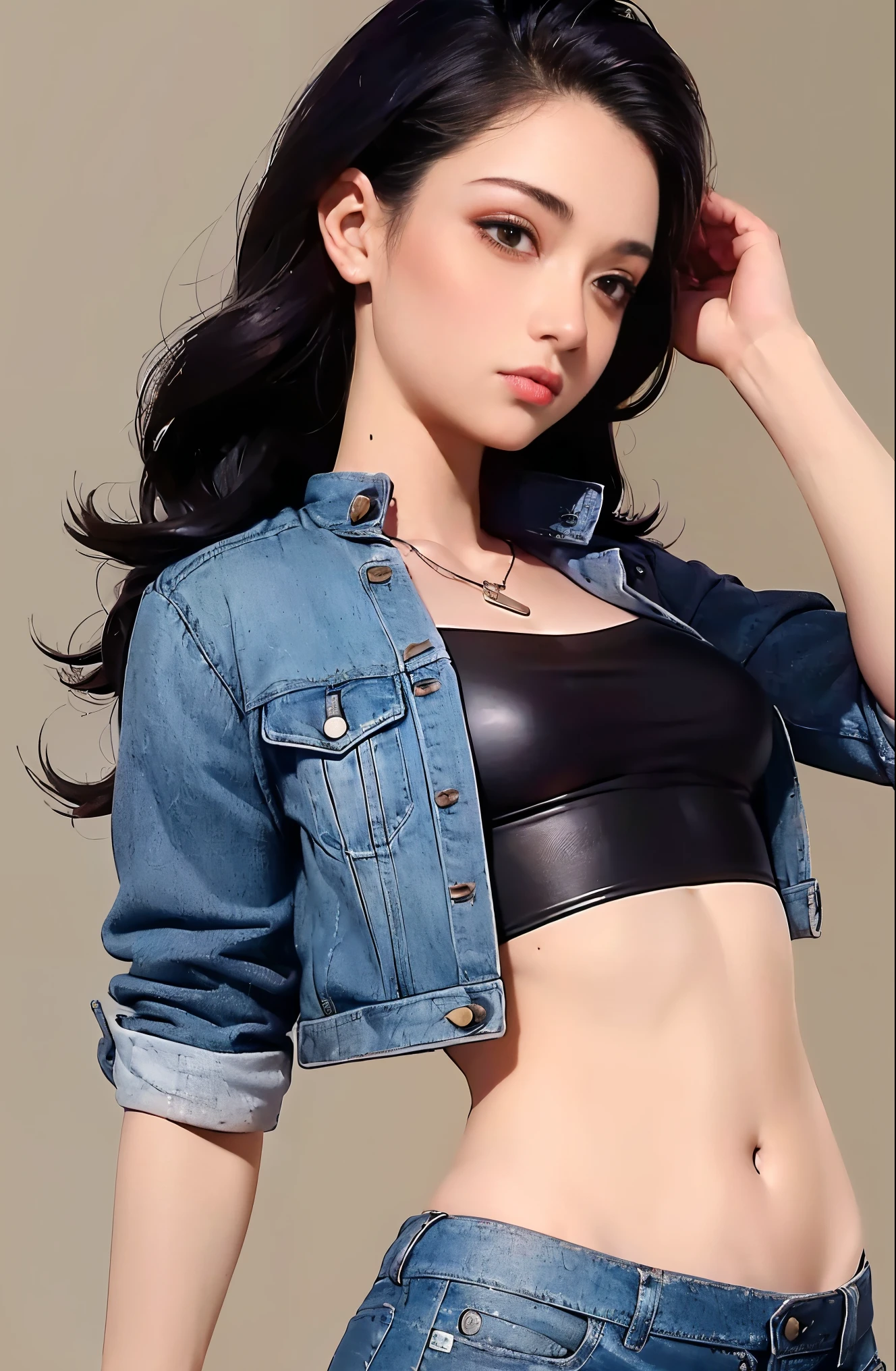((Medium chest, Tomboy Meninas, Small head)), luz do dia, luz solar, (sculpted abdomen : 1.1), (corpo perfeito : 1.1), (cabelo curto e ondulado : 1.2) , cabelos ruivos, colarinho, corrente, Tiro de corpo inteiro, rua lotada, vestindo regata preta, jaqueta jeans, ((shorts)), (papel de parede CG 8k extremamente detalhado), (extremamente delicado e lindo), (obra de arte), (melhor qualidade:1.0), (ultra high resolution:1.0),  beautiful lighting ,perfect lightning, sombras realistas, [high resolution], pele detalhada, ultra-detalhado 