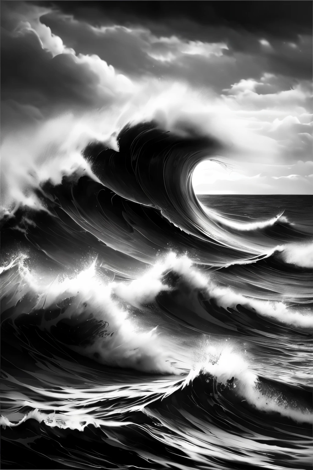 (best quality,4k,8k,highres,masterpiece:1.2),ultra-detailed,(realistic,photorealistic,photo-realistic:1.37),dark,stormy,wave,calm sea,misty atmosphere,subtle shadows,black and white tones,horror,sharp focus,vivid colors,bokeh,illustration,professional,wave crashing,beautiful moonlight,haunting,ghostly,ethereal,ominous,grayscale painting,night sea,water splashes,dramatic,dynamic,contrast,severe,rough,gritty,monochrome,high-contrast lighting,窒息的压抑感