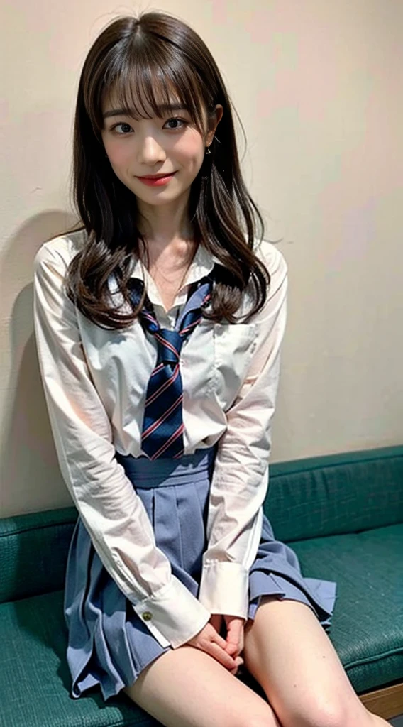 (8K、RAW photo、highest quality、masterpiece:1.2)、(realistic、Photoreal)、40 years、1 girl、I have a mole next to my eye、((White shirt with long sleeves、sailor suit、red tie、Below-the-knee length navy pleated skirt))、（high school girl）、The skirt is rolled up、gal、lots of eyelashes、glitter on eyelids、Dark Red Knee-High Socks、Skeletally correct、thighs open、wavy twintails、cute smile、sweaty body、attractive body beautiful perfect body、V-line emphasis、put your hands behind your head、Beautifully aligned fingertips、
