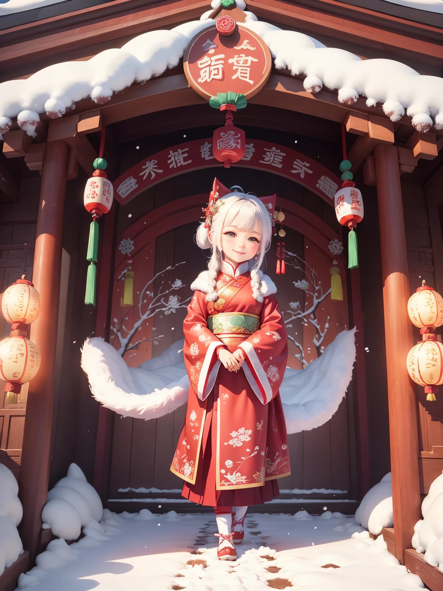 A cute chibi character wears traditional Chinese clothing to welcome the winter solstice festival,, She had a smile on her face, Snow scene as background. high quality, Detailed 3D illustration of traditional Chinese festival, Happy girl in festive clothes, Picturesque snow scenery around, Artistically rendered with vibrant colors and stunning attention to detail. Great for greeting cards, digital wallpaper, and holiday decorations.