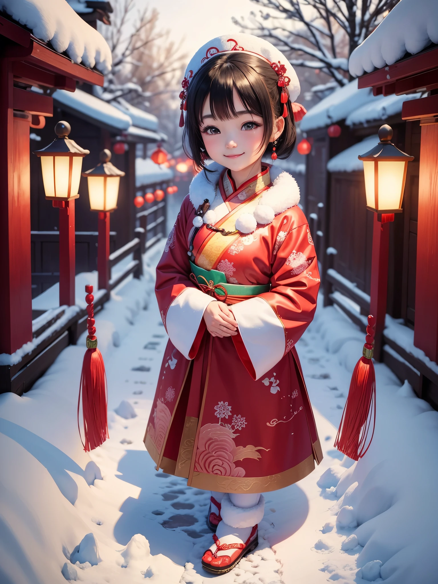 A cute chibi character wears traditional Chinese clothing to welcome the winter solstice festival,, She had a smile on her face, Snow scene as background. high quality, Detailed 3D illustration of traditional Chinese festival, Happy girl in festive clothes, Picturesque snow scenery around, Artistically rendered with vibrant colors and stunning attention to detail. Great for greeting cards, digital wallpaper, and holiday decorations.