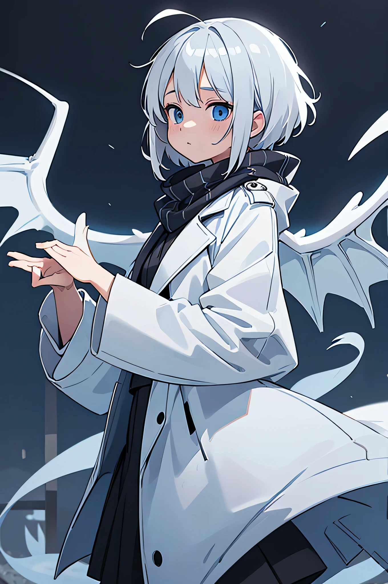 (masterpiece, highest quality, highest quality), messy hair,black_trench coat,Light blue_scarf,oversized clothes,short hair,girl,gray hair,blue eyes.White dragon wings on the back,has a white dragon tail,Hands hidden in sleeves.alone,Moe sleeves
