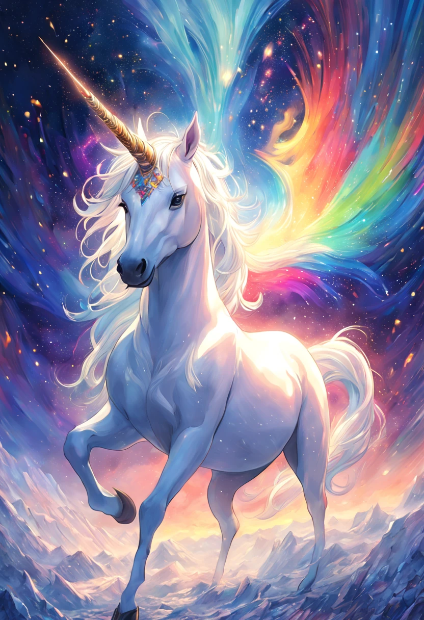 No characters in a fantasy world，Close-up of unicorn&#39;s milky white breasts(eyes clear and bright)Anatomically correct is a mysterious and beautiful creature，Possess pure soul and magical power。 A unicorn shining with colorful light stands on the forehead. Summoning ceremony. Dynamic god. Vivid and surreal texture., dramatic lighting, Illusive Trend Art Snowflakes are dancing and you feel the purity and dreaminess，Let the soul and fantasy meet，create beautiful miracles (extremely delicate and beautiful) detailed, masterpiece, high resolution, best quality, HD details, Ultra-detailed, Normal, Surrealistic dynamic angles and elegant atmosphere 
